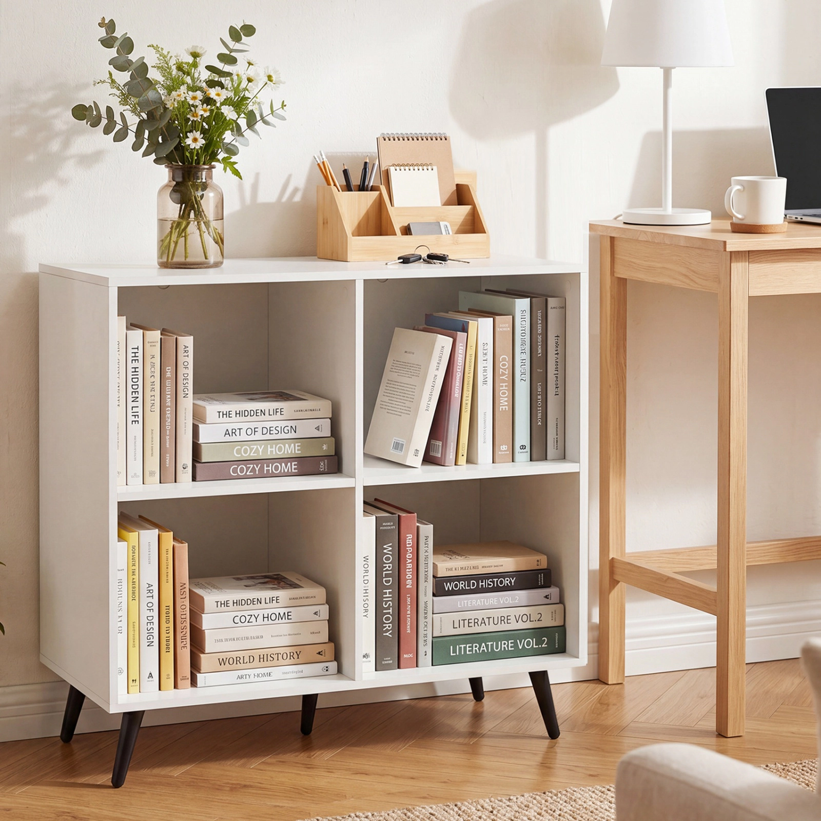 SUGIFT White 5 Metal Legs for Home 4-Cube Wooden Bookshelf