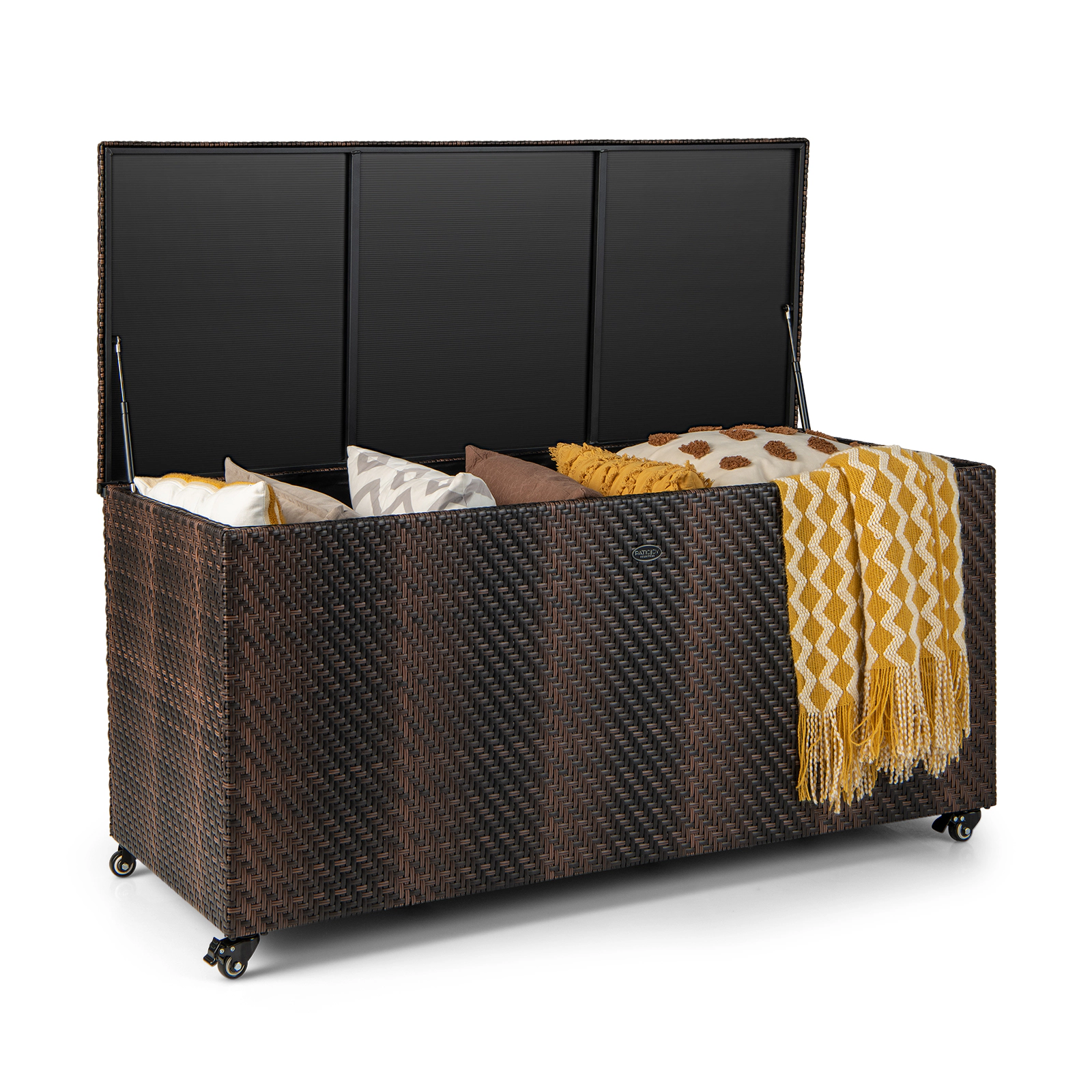SUGIFT 96 Gallon PE Wicker Outdoor Storage Box with Waterproof Liner and Gas Strut 52-in Frame with 4 Wheels Mix Brown