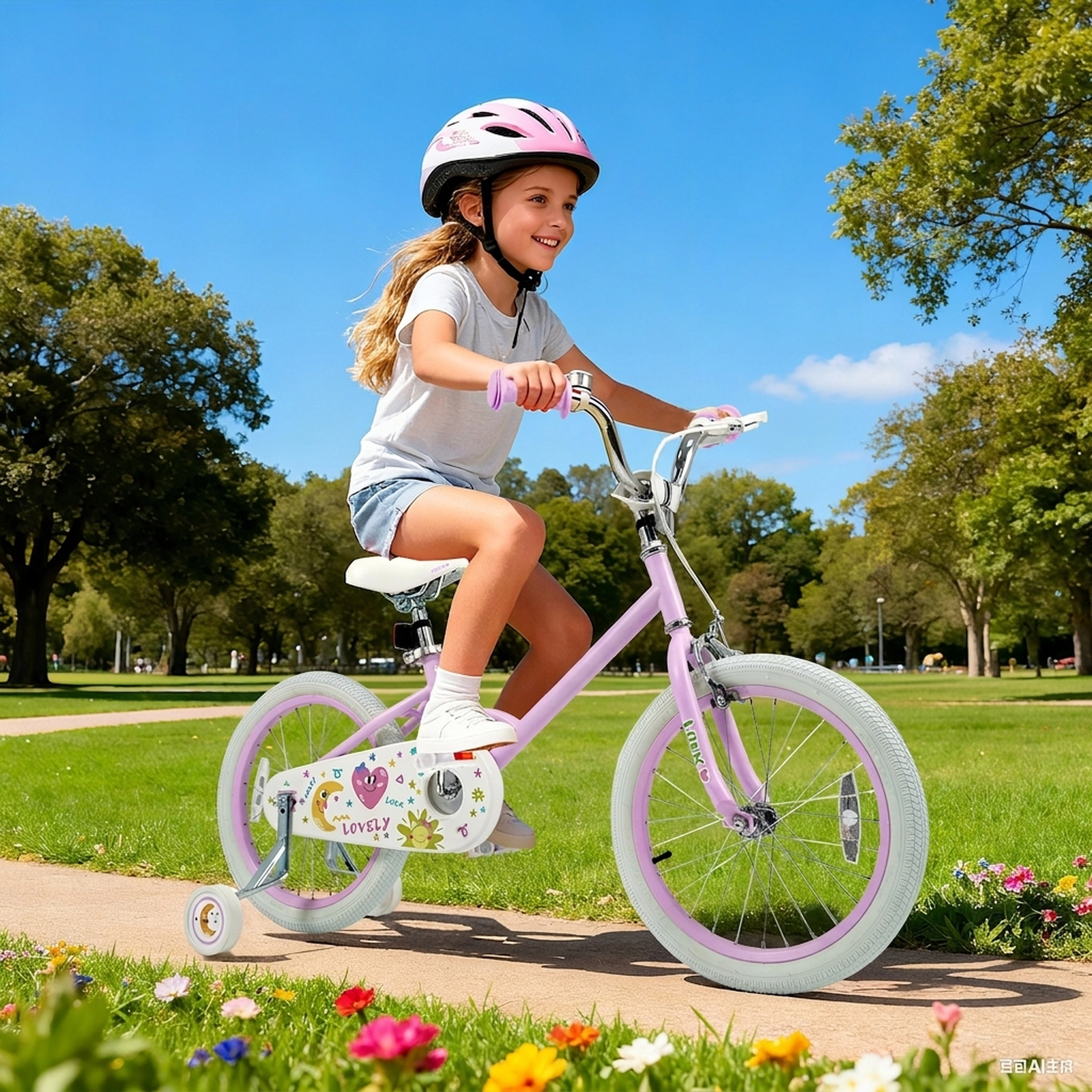 18-in Kids Bike Anti-Slip Handlebars Pedals Kickstand 2 Removable Training Wheels Ages 4-8 Purple Stars/Moon