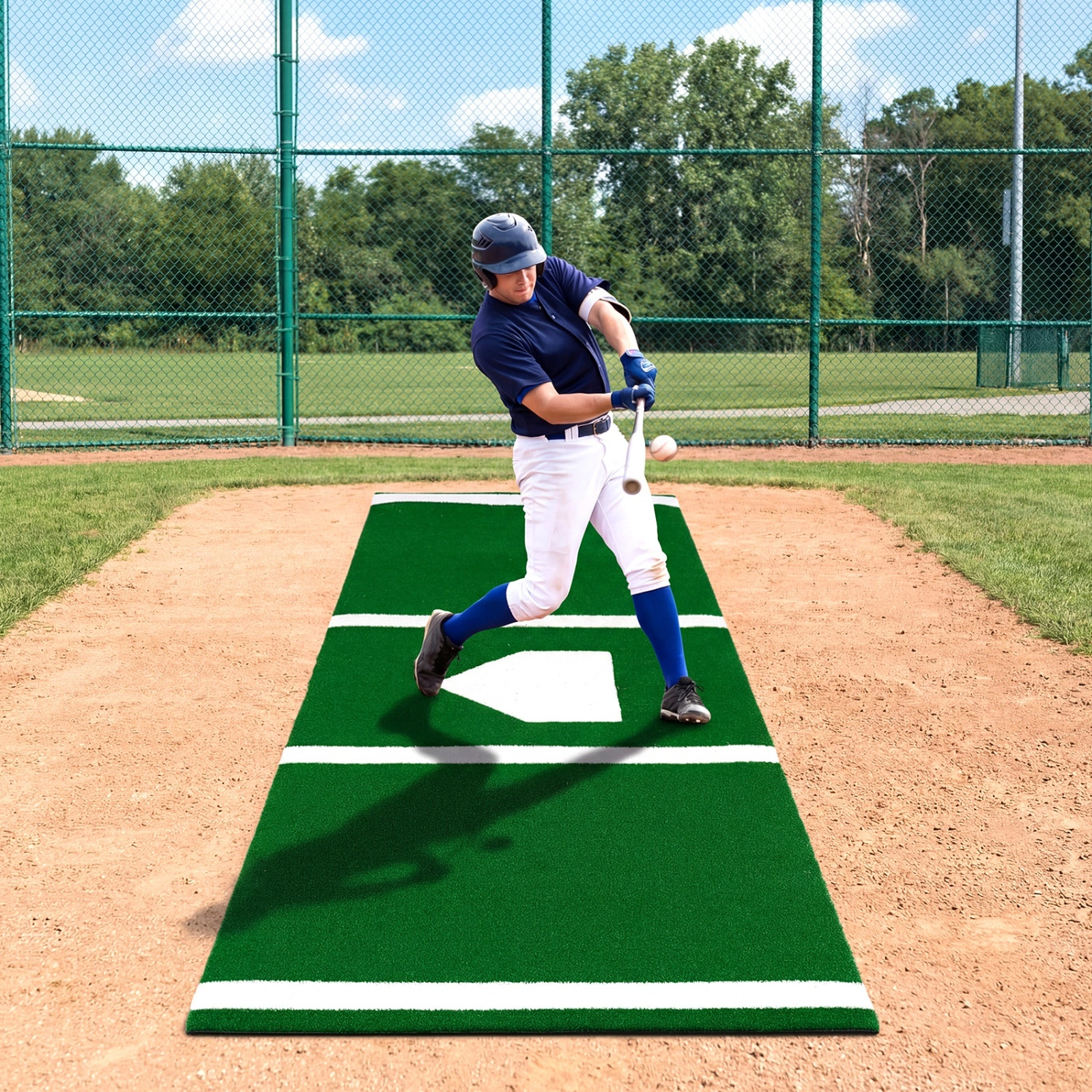 10-ft x 3.8-ft Baseball and Softball Hitting Mat Home Plate Markings Dual-Sided Batters Box Carry Strap Green Turf