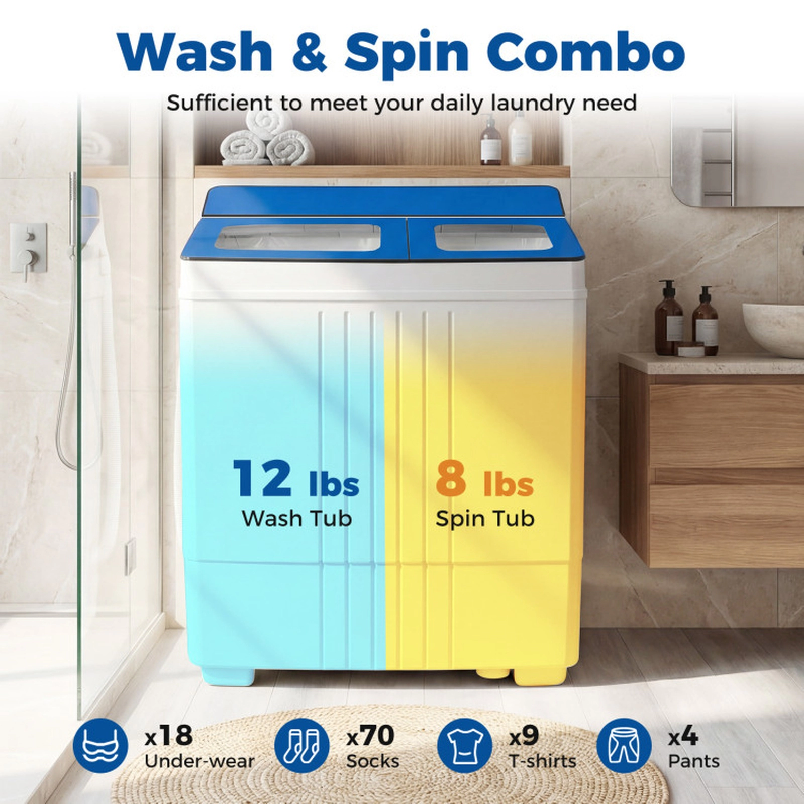 SUGIFT Twin Tub Portable Washing Machine Mini Laundry Machine 11-lb Wash 7-lb Spin Capacity Blue