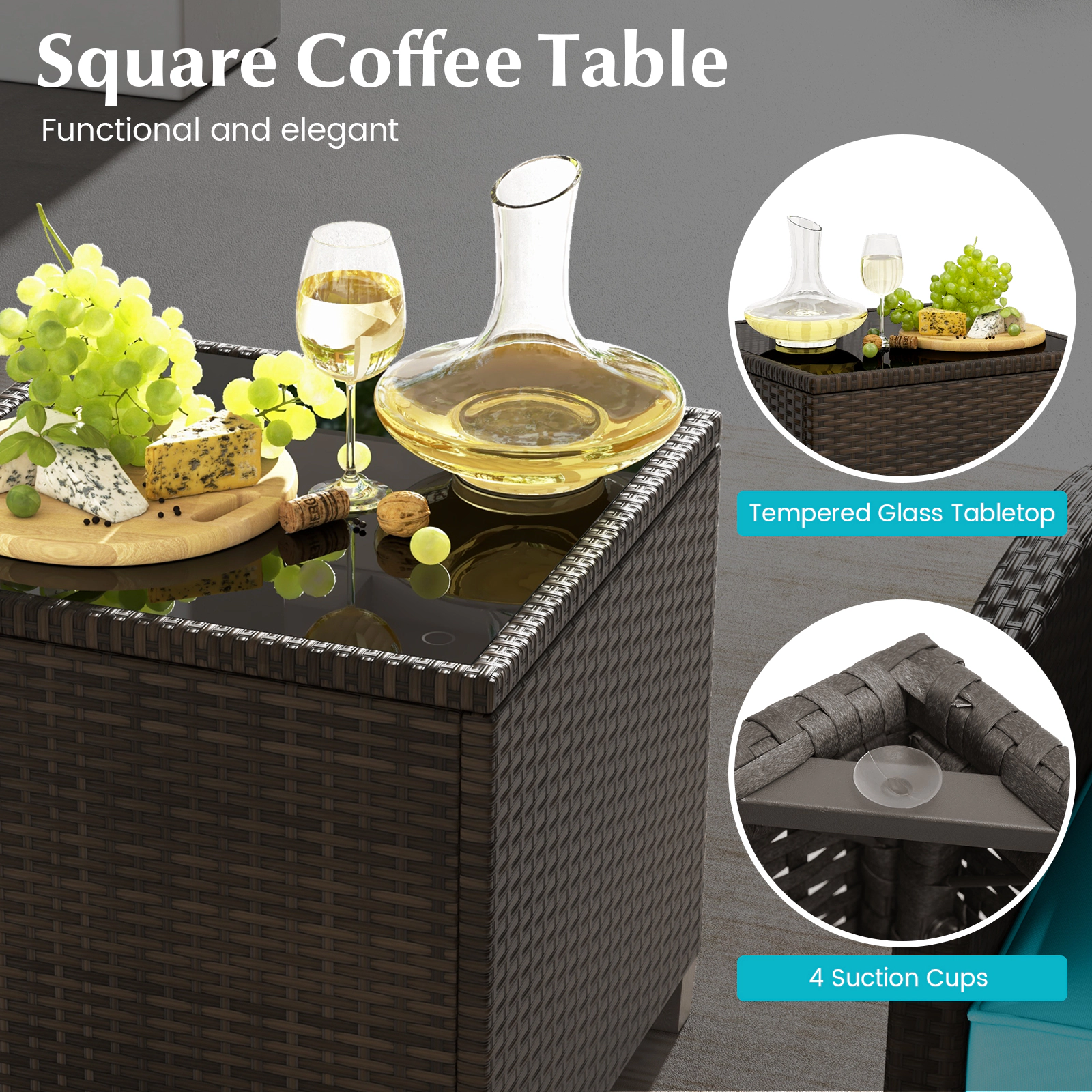 SUGIFT 5-Piece Turquoise Rattan Patio Conversation Set with 2 Chairs, 2 Ottomans and Glass Table