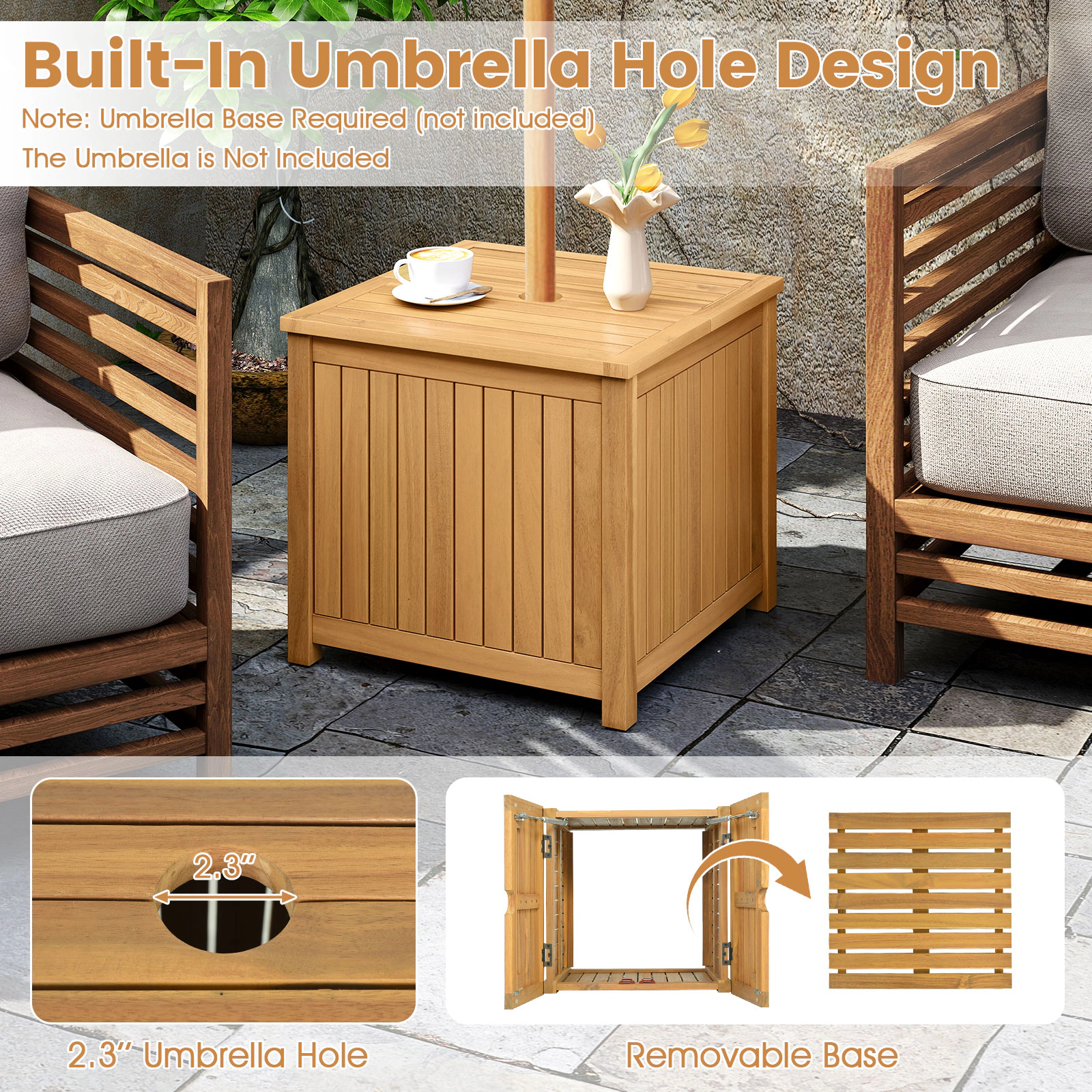 SUGIFT Storage Box and Umbrella Hole Natural 2-in-1 Outdoor Acacia Wood Side Table