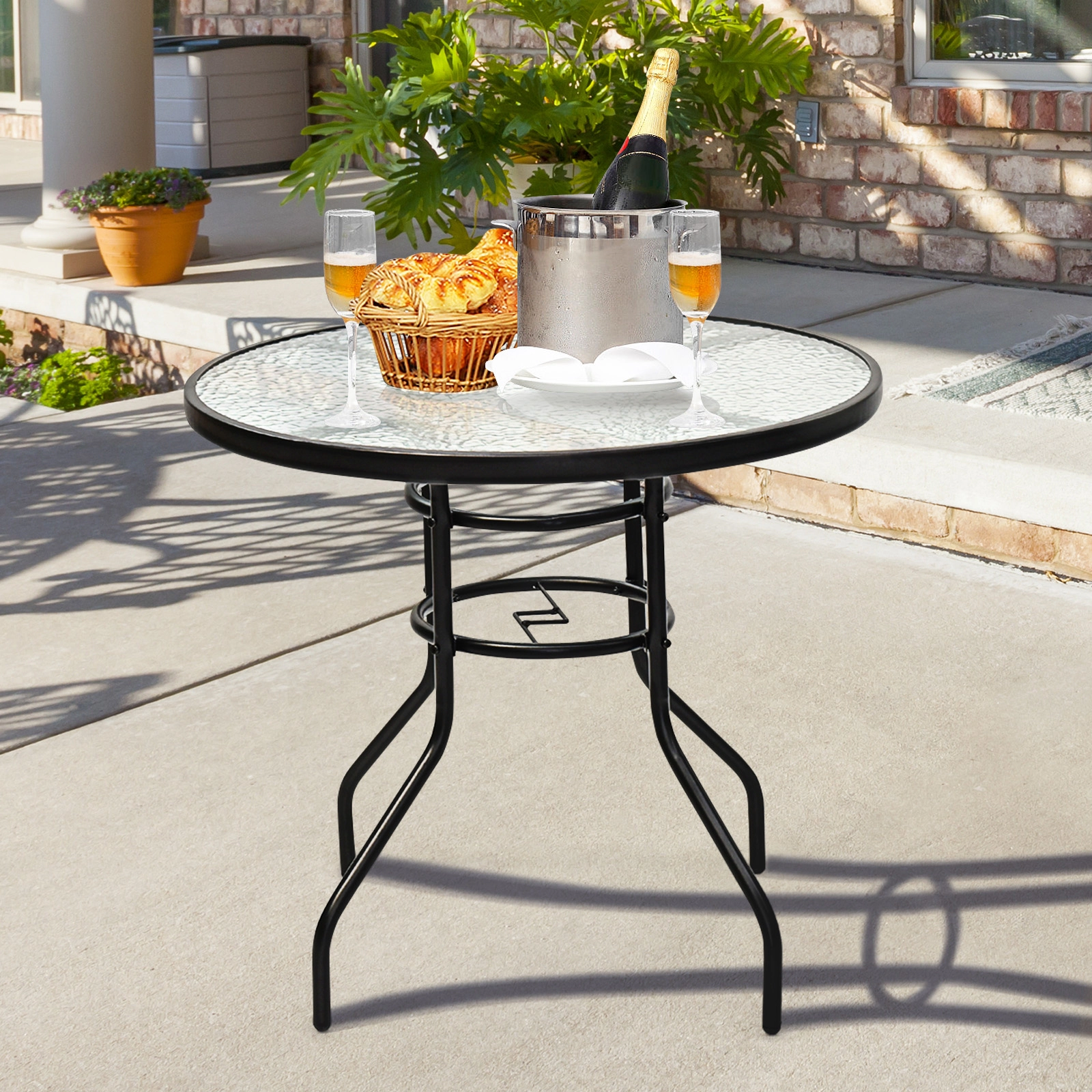 SUGIFT 32-Inch Round Outdoor Patio Dining Table, Tempered Glass Top, Umbrella Hole, Black Steel Frame