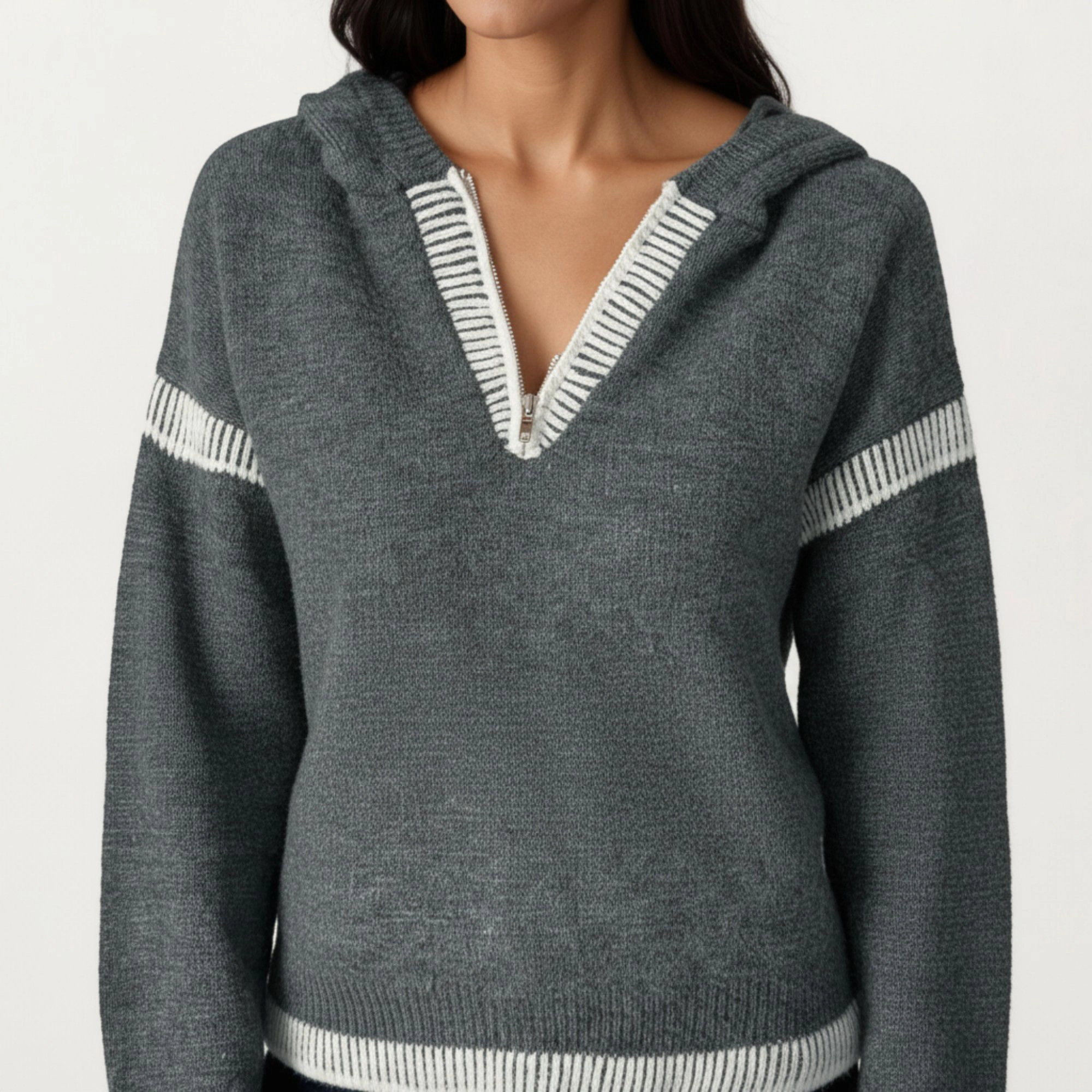Anna-Kaci Women's Contrast Trim V-Neck Long Sleeve Knit Hoodie