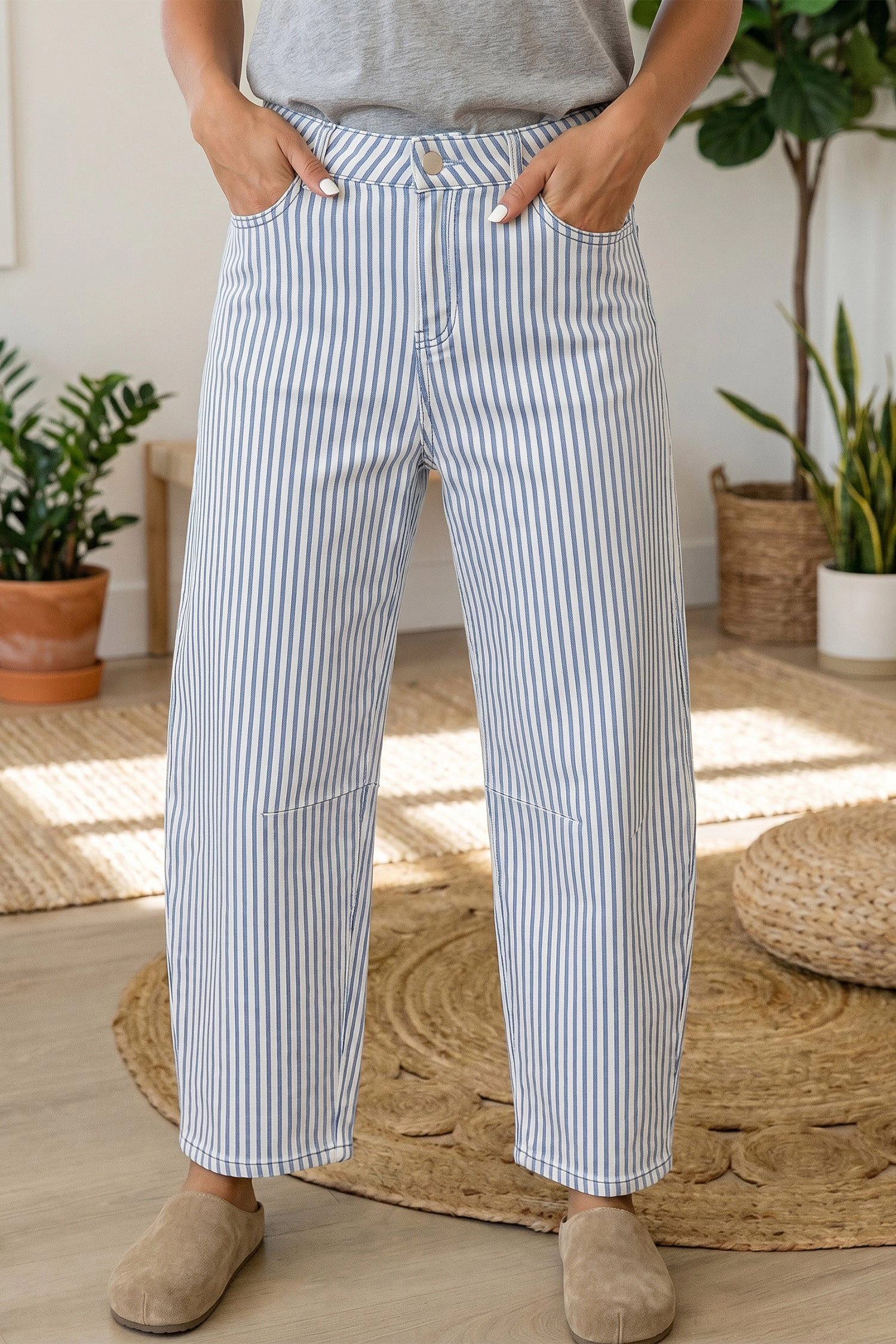 Threaded Pear Womens Icelynn Sky Blue Stripe Casual Barrel Jeans