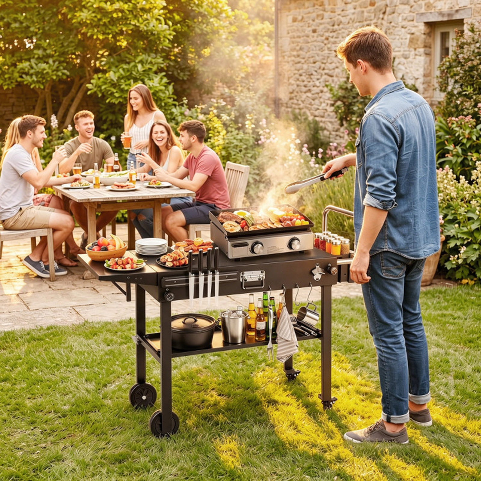 SUGIFT Foldable Outdoor Grill Cart Grilling Table 300-lb Capacity with Storage Shelf and Griddle Caddy Black
