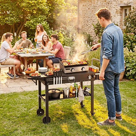 SUGIFT Foldable Outdoor Grill Cart Grilling Table 300-lb Capacity with Storage Shelf and Griddle Caddy Black