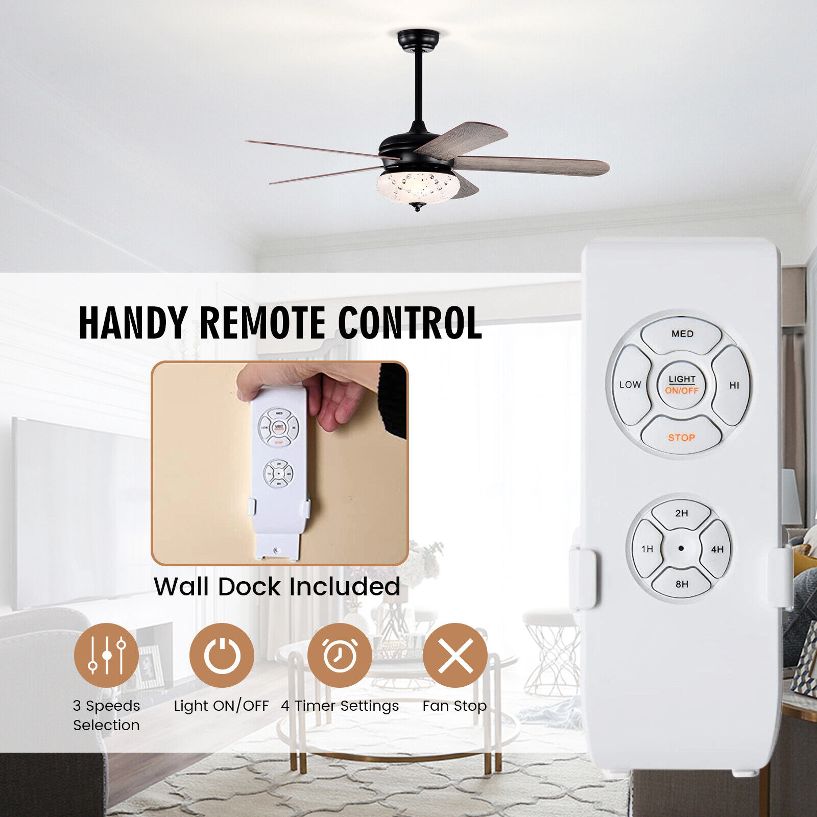 SUGIFT 52-in Retro Ceiling Fan with Remote Control 3-Speed Reversible Motor Oak Double-Faced Blades