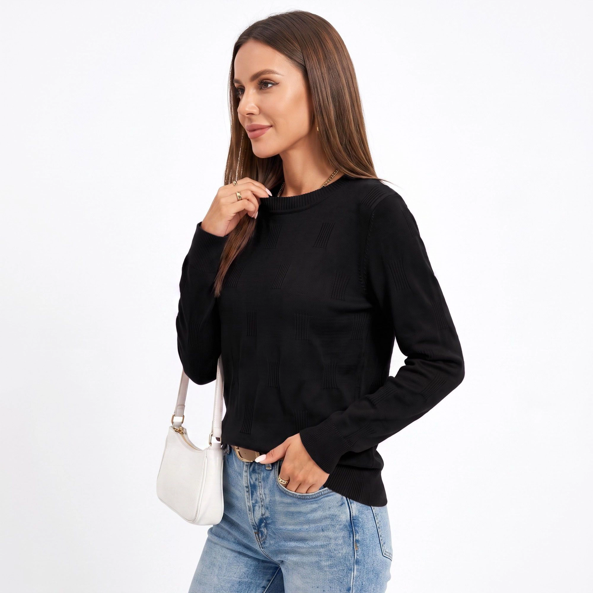 Anna-Kaci Women's Textured Geometric Crew Neck Long Sleeve Knit Sweater