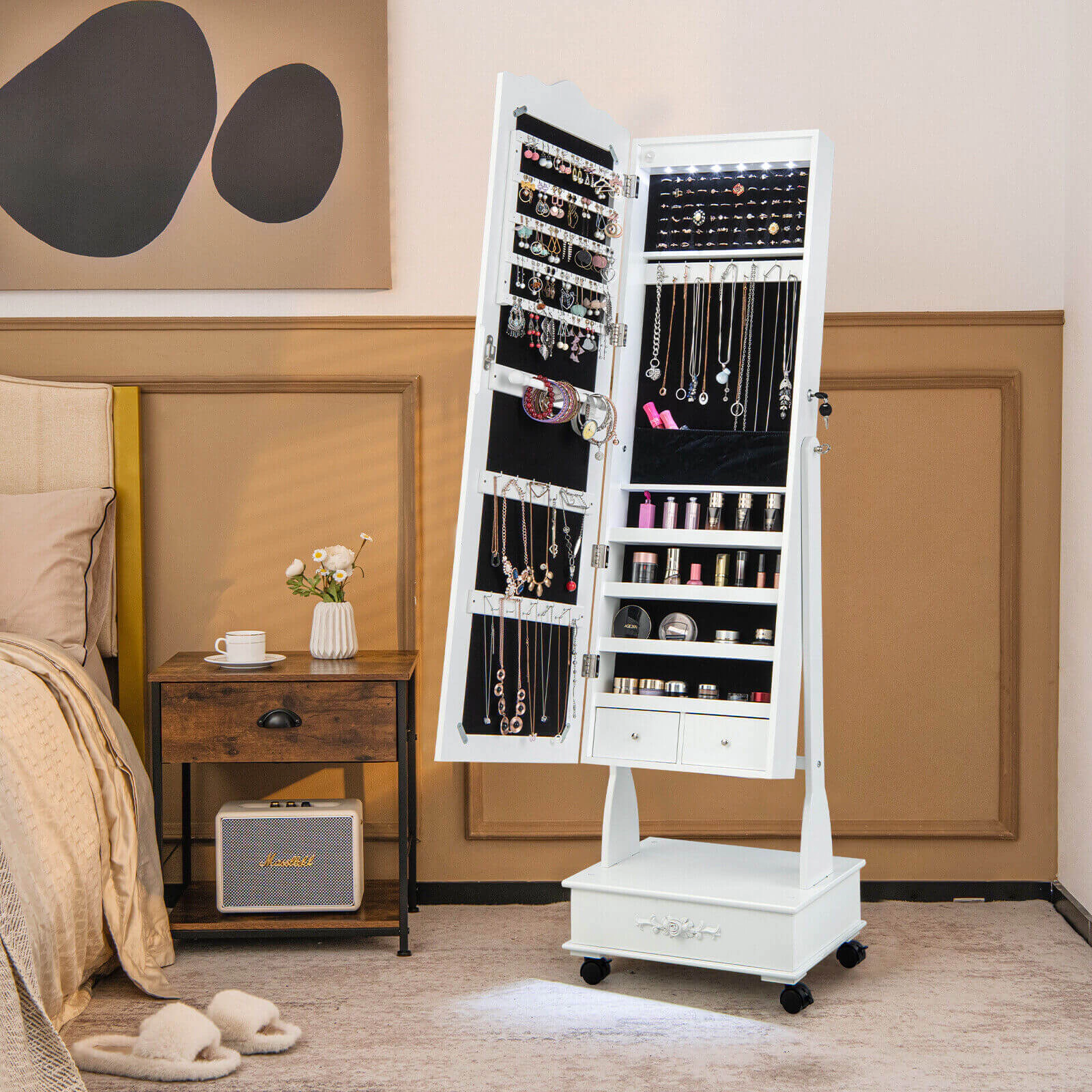 SUGIFT Rolling Jewelry Armoire White Floor Standing Mirrored Cabinet with Lock and Drawers