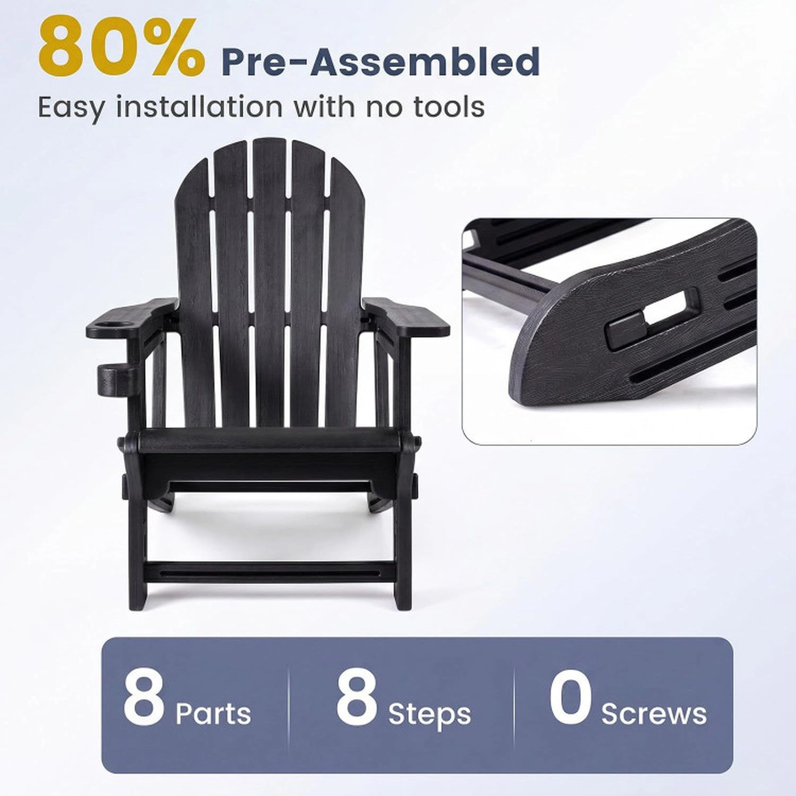 SUGIFT Set of 2 Weather-Resistant HDPE Adirondack Chairs with Cup Holder 330-Lb Capacity 33.5-in Frame Black