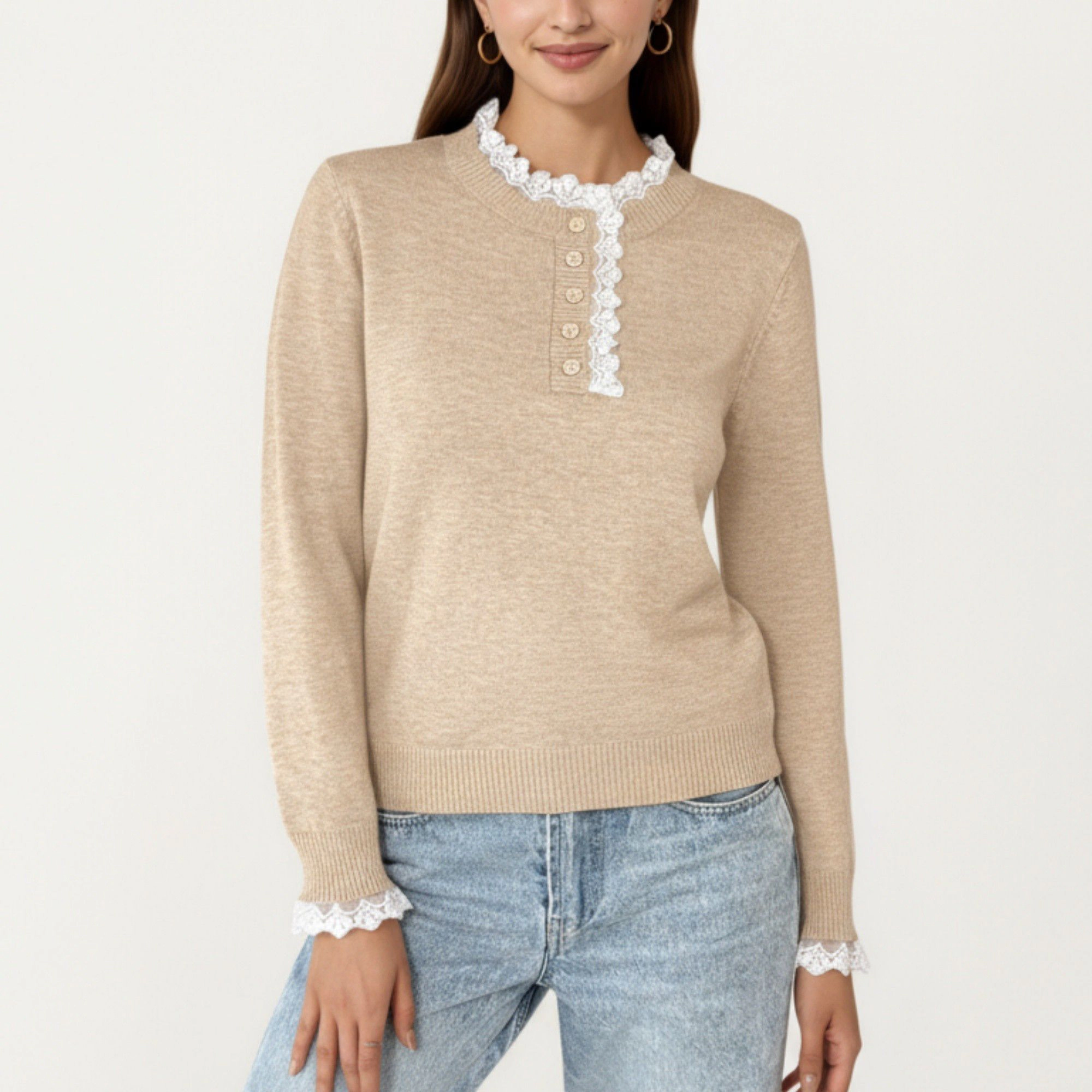 Anna-Kaci Women's Lace Trim Collar Button Front Long Sleeve Knit Top