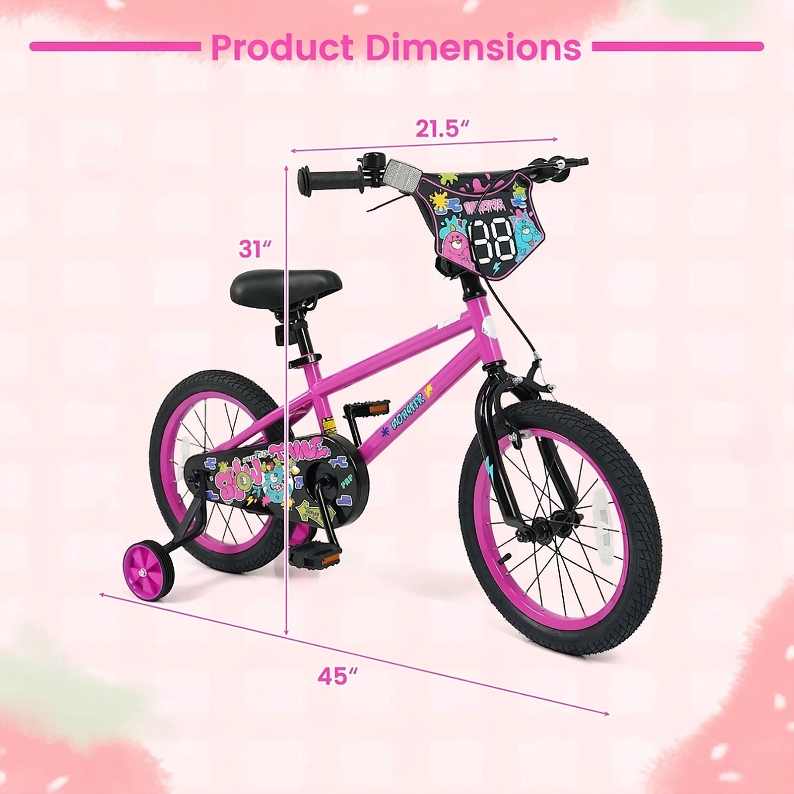 16-in Girls Bike with Training Wheels Tool-Free Seat Clamp and Sealed Chain Cover for Ages 4-7 Number Plate Kids Bicycle