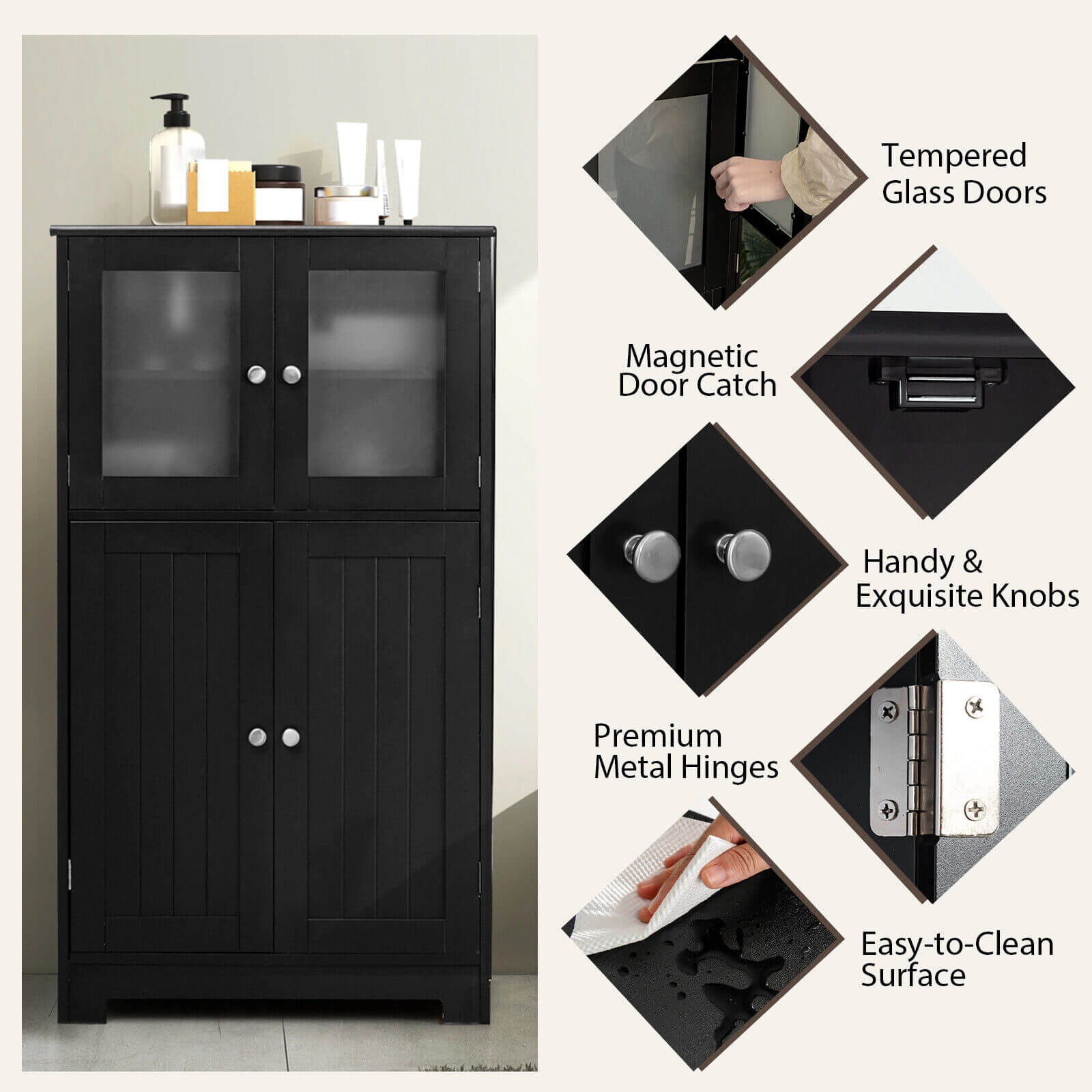 Glintex 43-Inch Storage Cabinet with Tempered Glass Upper Doors and Metal Hinges