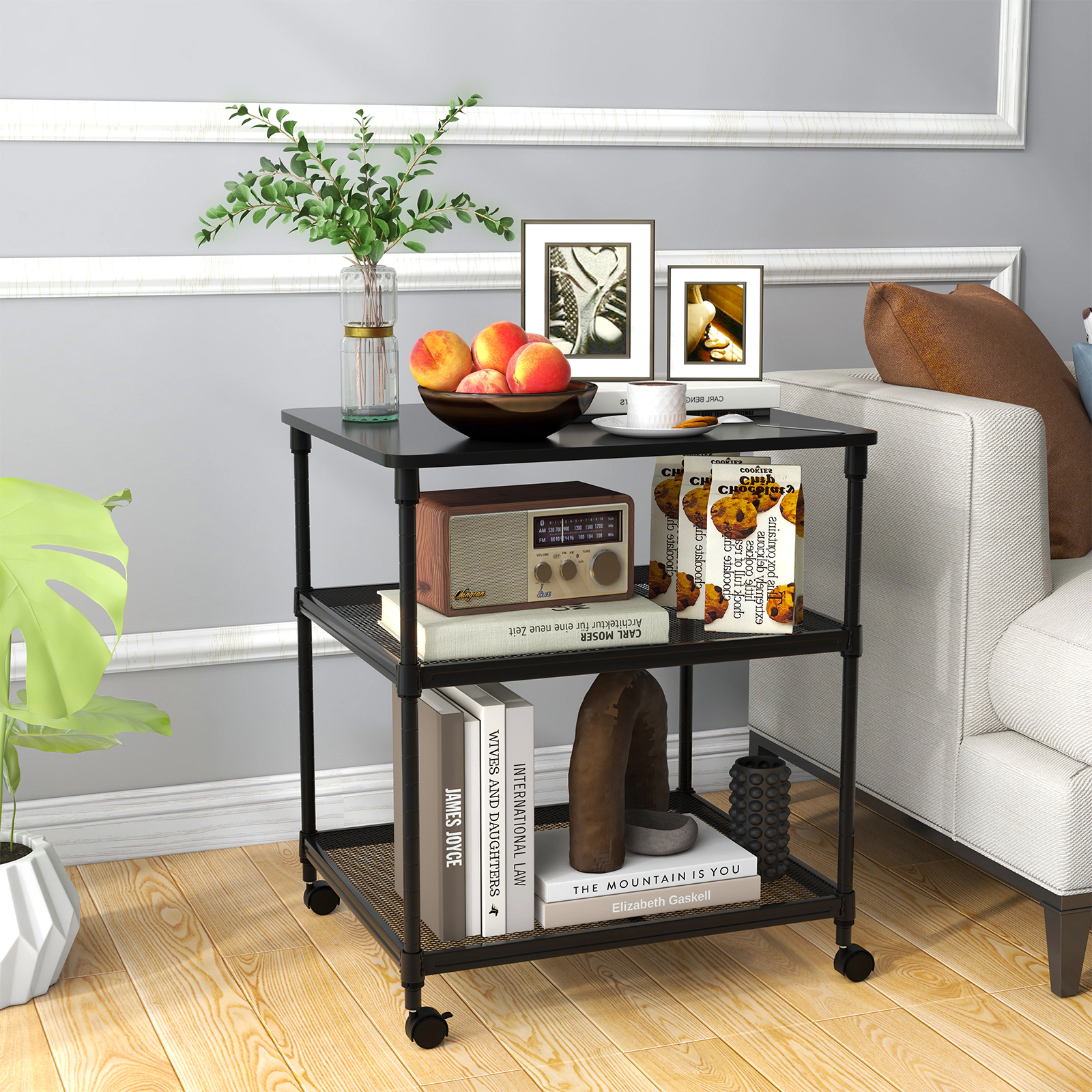 SUGIFT 3-Tier 110-lb Capacity Black Rolling Printer Stand Cart with Adjustable Shelf and Swivel Wheels