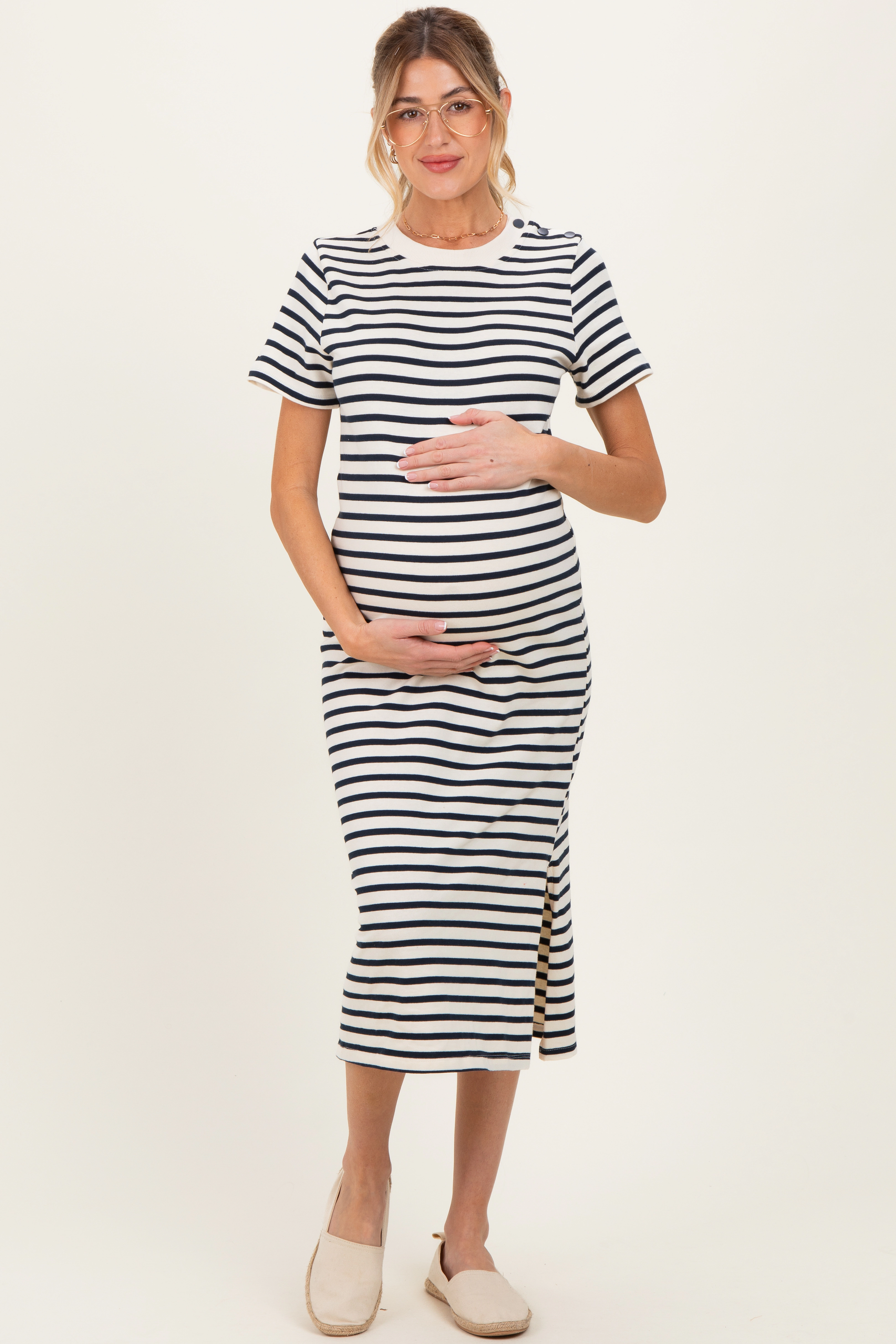 PinkBlush Womens Navy Striped Short Sleeve Maternity Midi Dress
