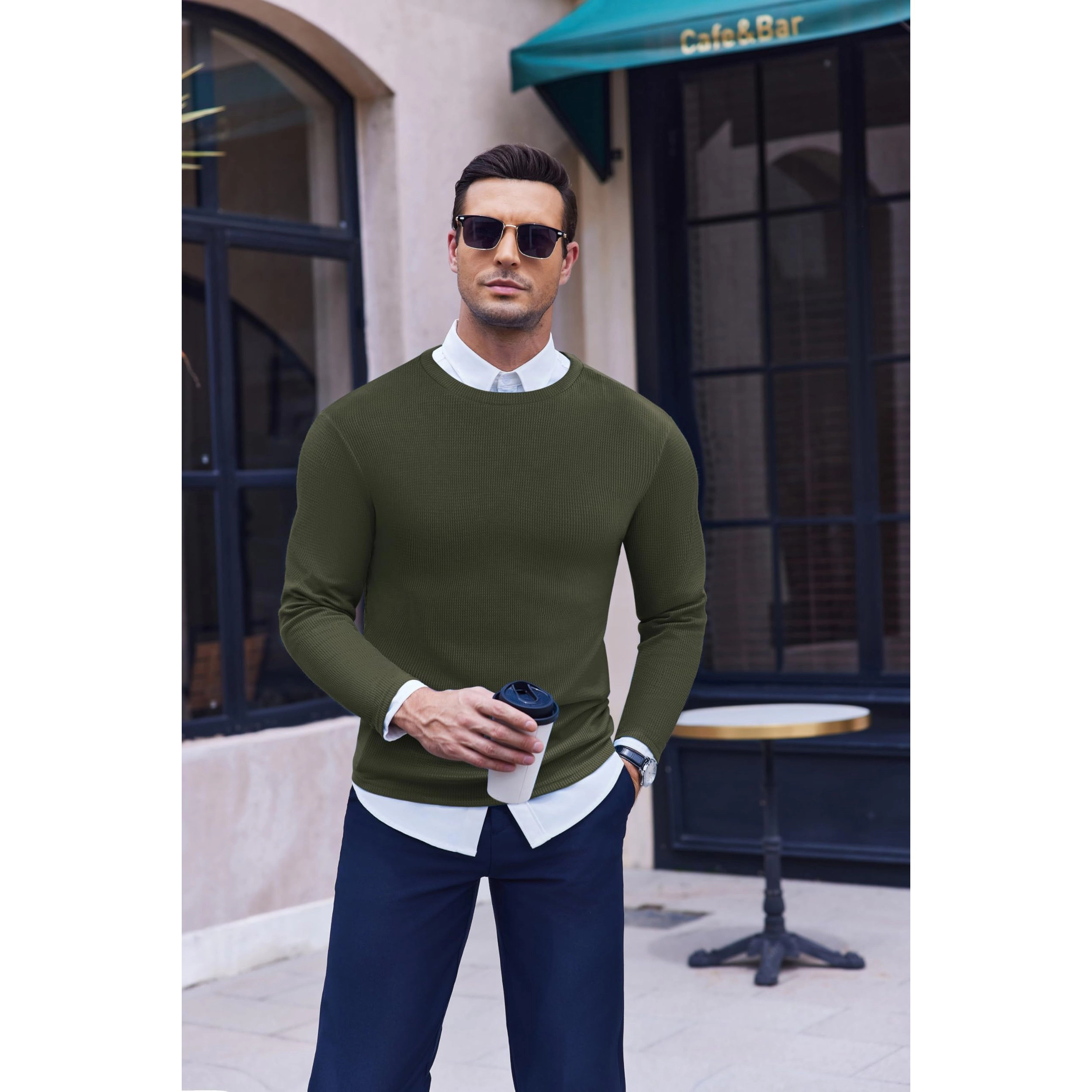 Ekouaer Mens Long Sleeve Shirts Honeycomb Waffle Sweater Crew Neck Thermal Tops Undershirts