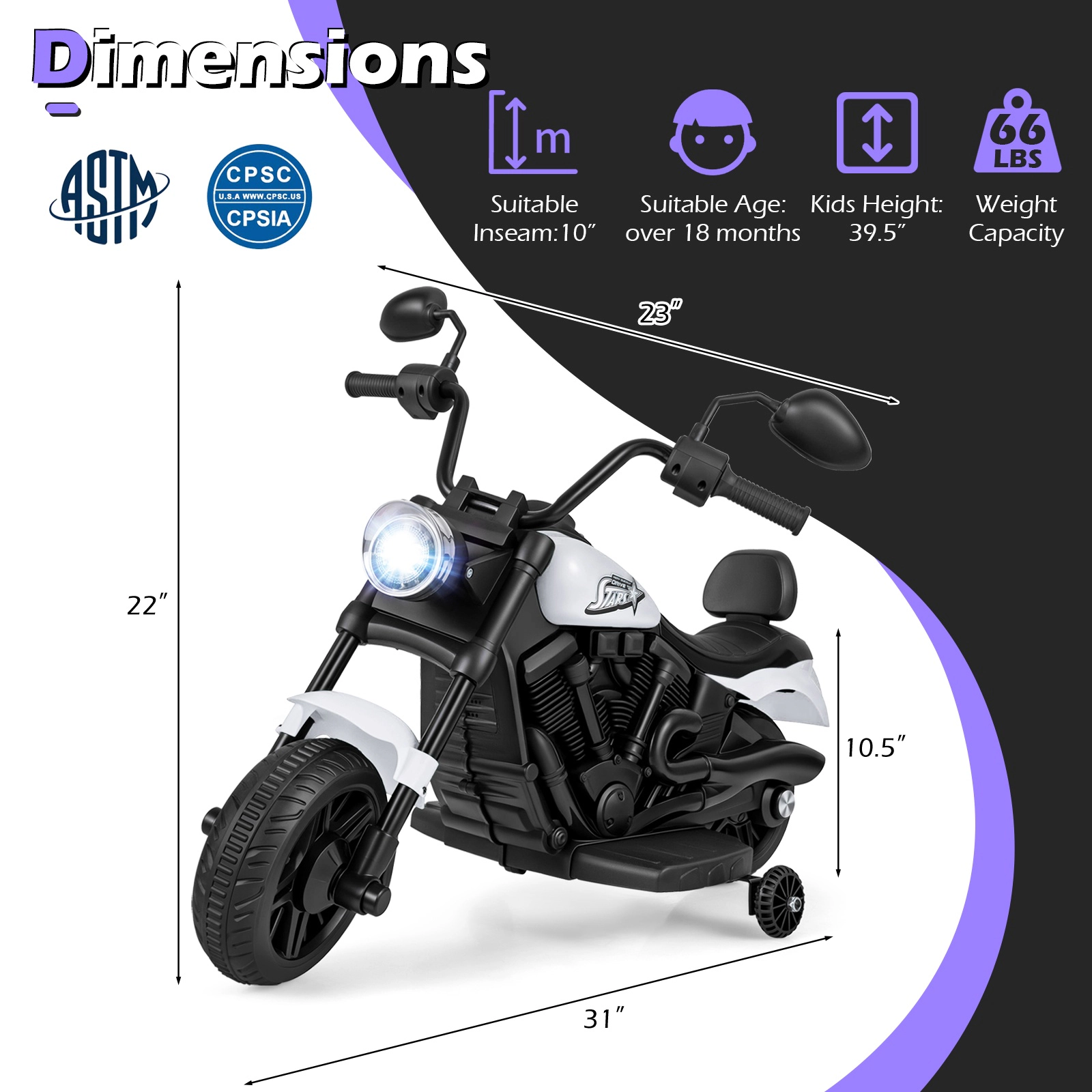 SUGIFT 6V Kids Motorcycle Headlight & Music with Training Wheels 66-lb Capacity over 18 Months 31 x 23 x 22 in White