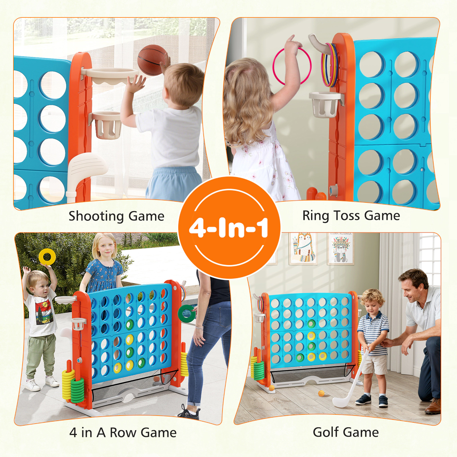 SUGIFT 4-in-1 Jumbo 4-to-Score Game with Ring-Toss Basketball Hoop and Mini Golf 38.5-in Tall Frame Blue & Orange