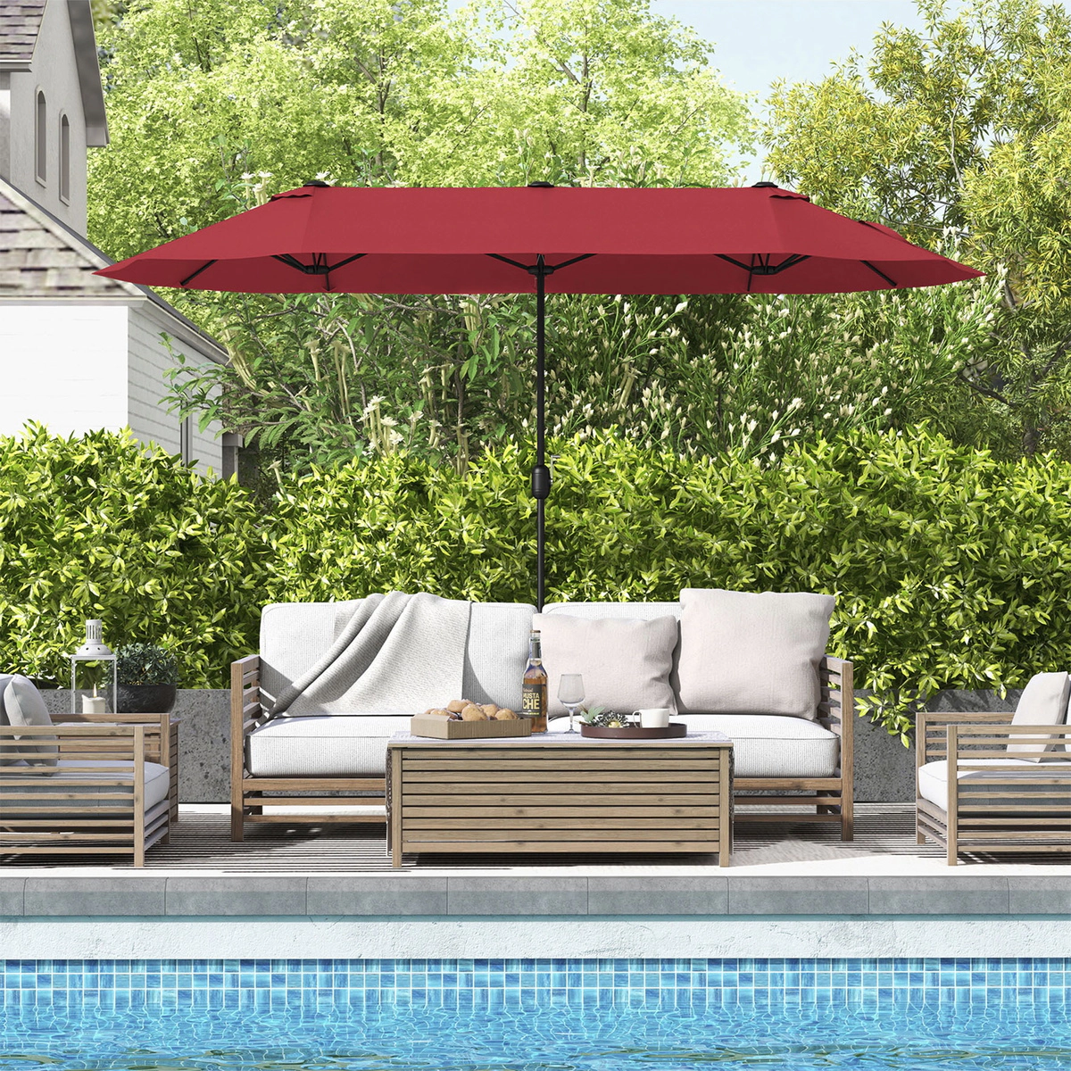 SUGIFT 13-ft Double-Sided Patio Twin Table Umbrella with Crank Handle and Fillable Cross Base 25.5 x 25.5 in Stand Wine