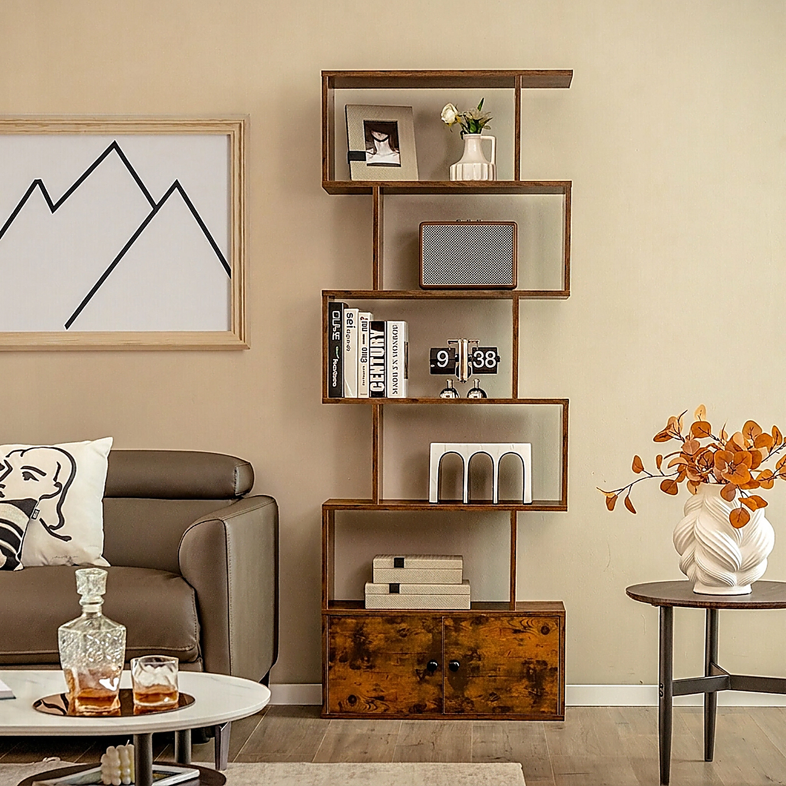 SUGIFT 27.5-in Wide S-Shaped Freestanding Bookshelf with 5 Open Tiers Cabinet and Doors 44-lb Shelf Capacity White
