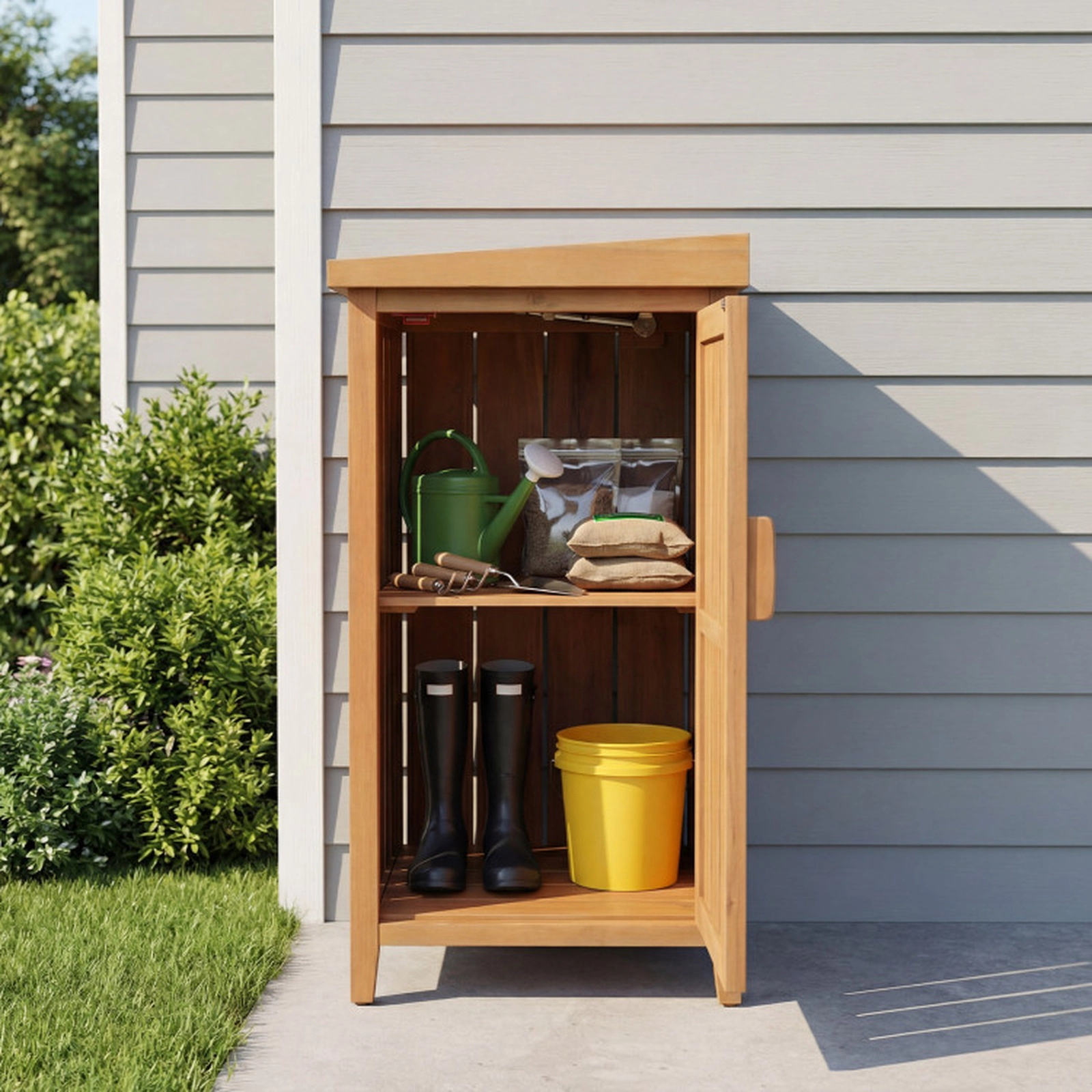 SUGIFT Acacia Wood Package Delivery Box with Pneumatic Lid Removable Shelf and 88-lb Shelf Capacity