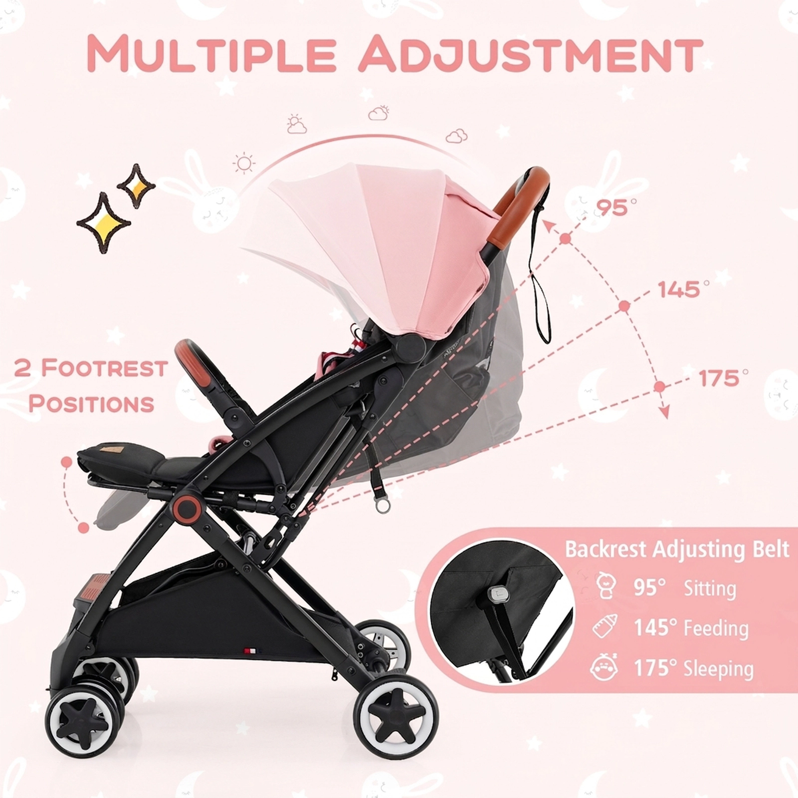 SUGIFT Pink 33-lb Capacity Lightweight Aluminum Baby Stroller with Padded Seat and Detachable Armrest