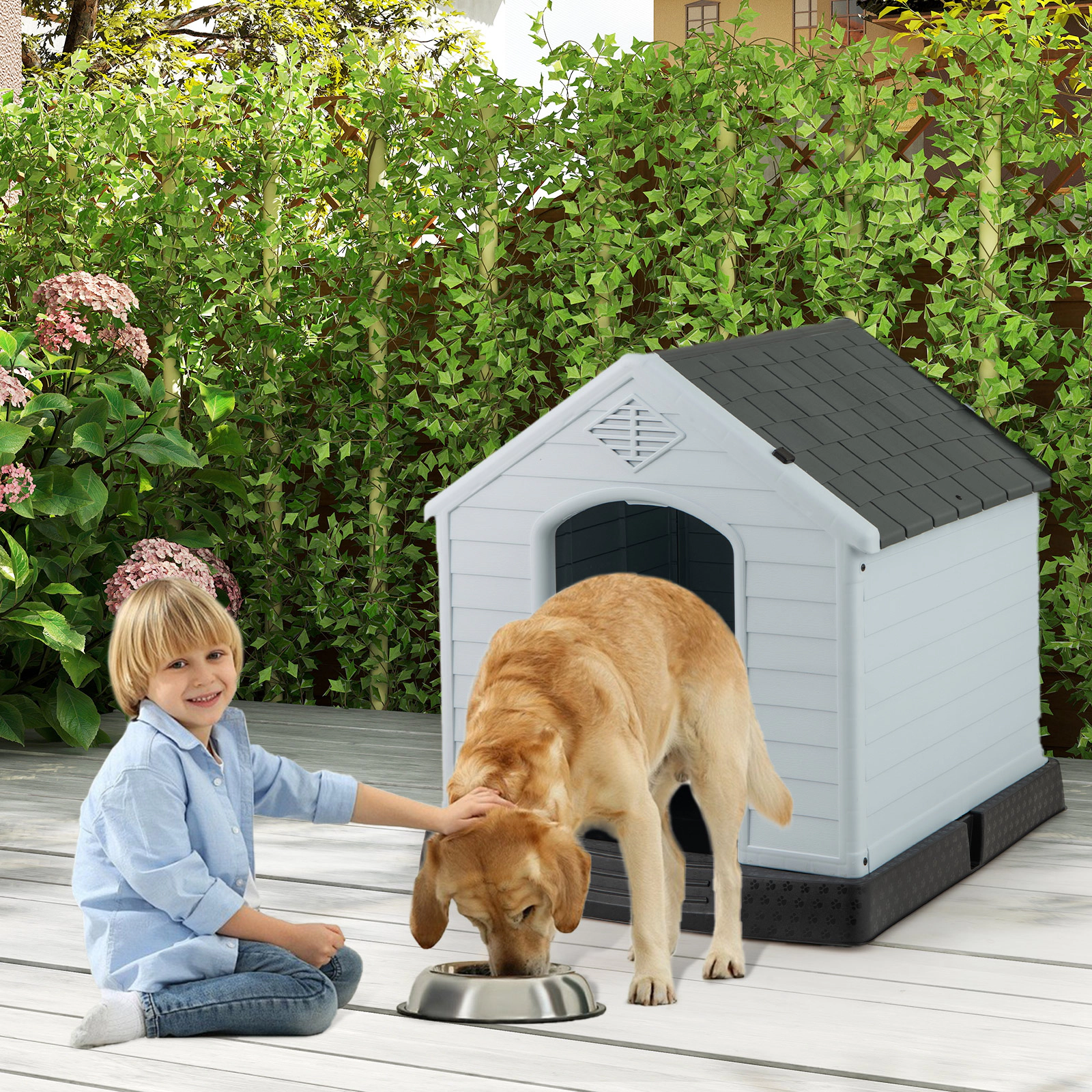 SUGIFT Waterproof Plastic Dog House with Elevated Floor for Small Dogs 28-in Tall Gray+White
