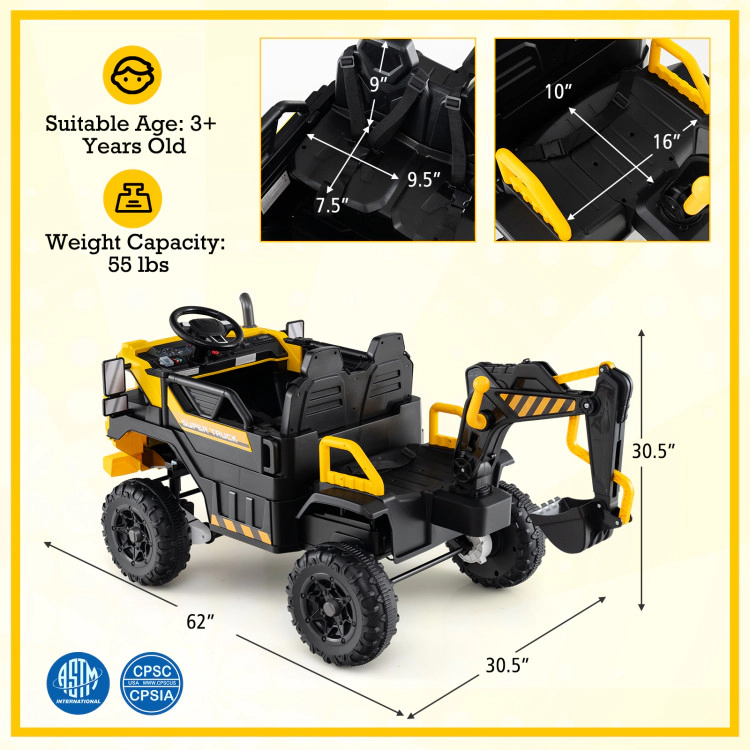Hivvago 24V Ride On Excavator 4WD 2-Seater with Remote Control and Digging Arm
