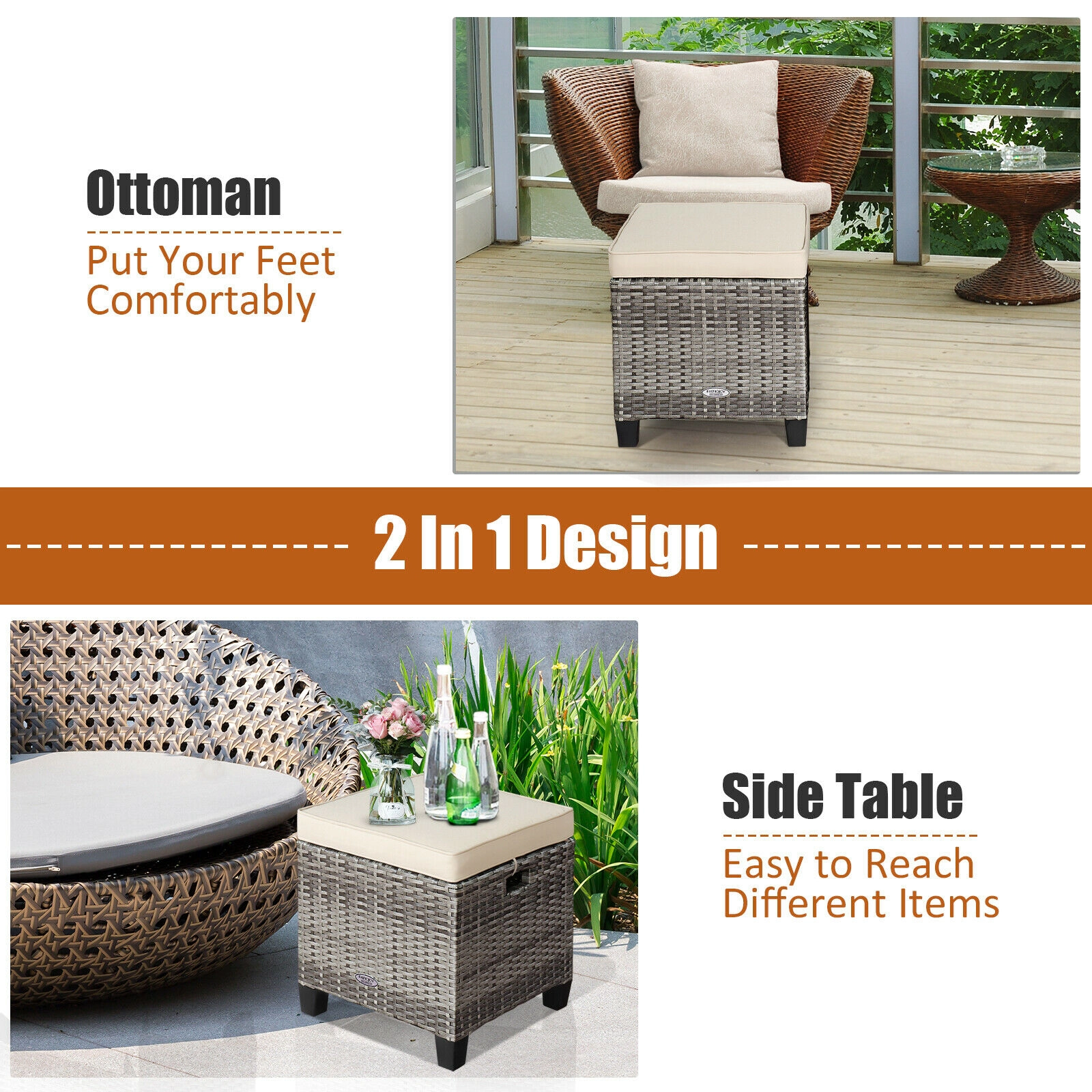 SUGIFT 2-Piece Beige PE Rattan Outdoor Patio Ottoman Set with Removable Cushions