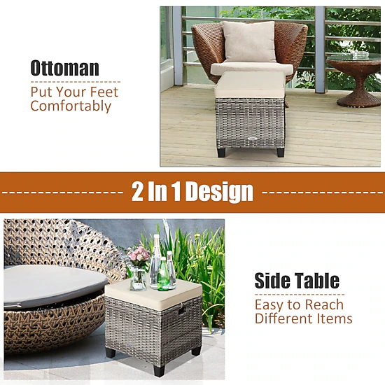 SUGIFT 2-Piece Beige PE Rattan Outdoor Patio Ottoman Set with Removable Cushions