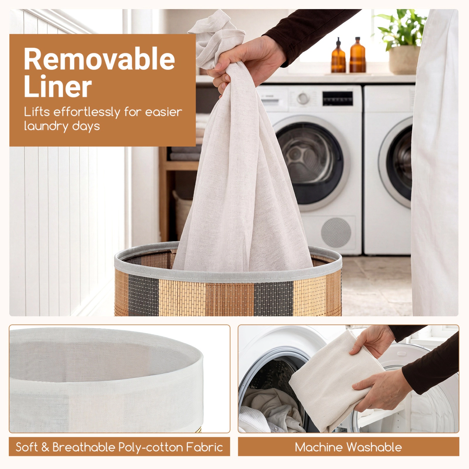 SUGIFT 13.2-gal Foldable Bamboo Laundry Hamper with Lid and Removable Machine-Washable Liner Basket
