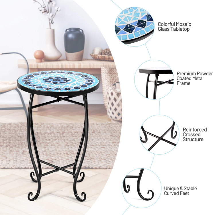 Hivvago 14 Inch Mosaic Round Side Table Plant Stand for Patio Lawn Garden