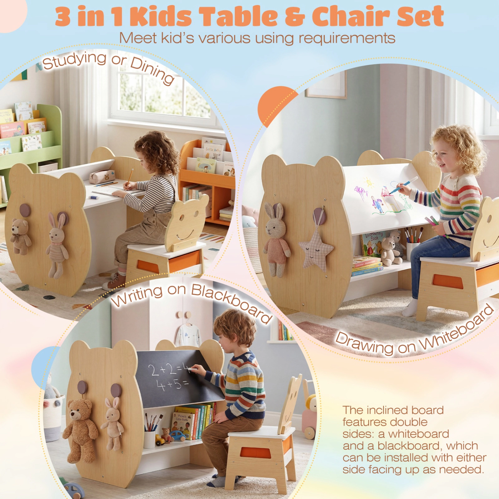 SUGIFT 3-in-1 Kids Art Table & Chair Storage & Reversible Whiteboard Chalkboard 110-lb Tabletop for Ages 3-10 Natural