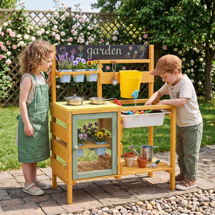Hivvago Wooden Mud Kitchen for Toddlers with Faucet and Water Tank