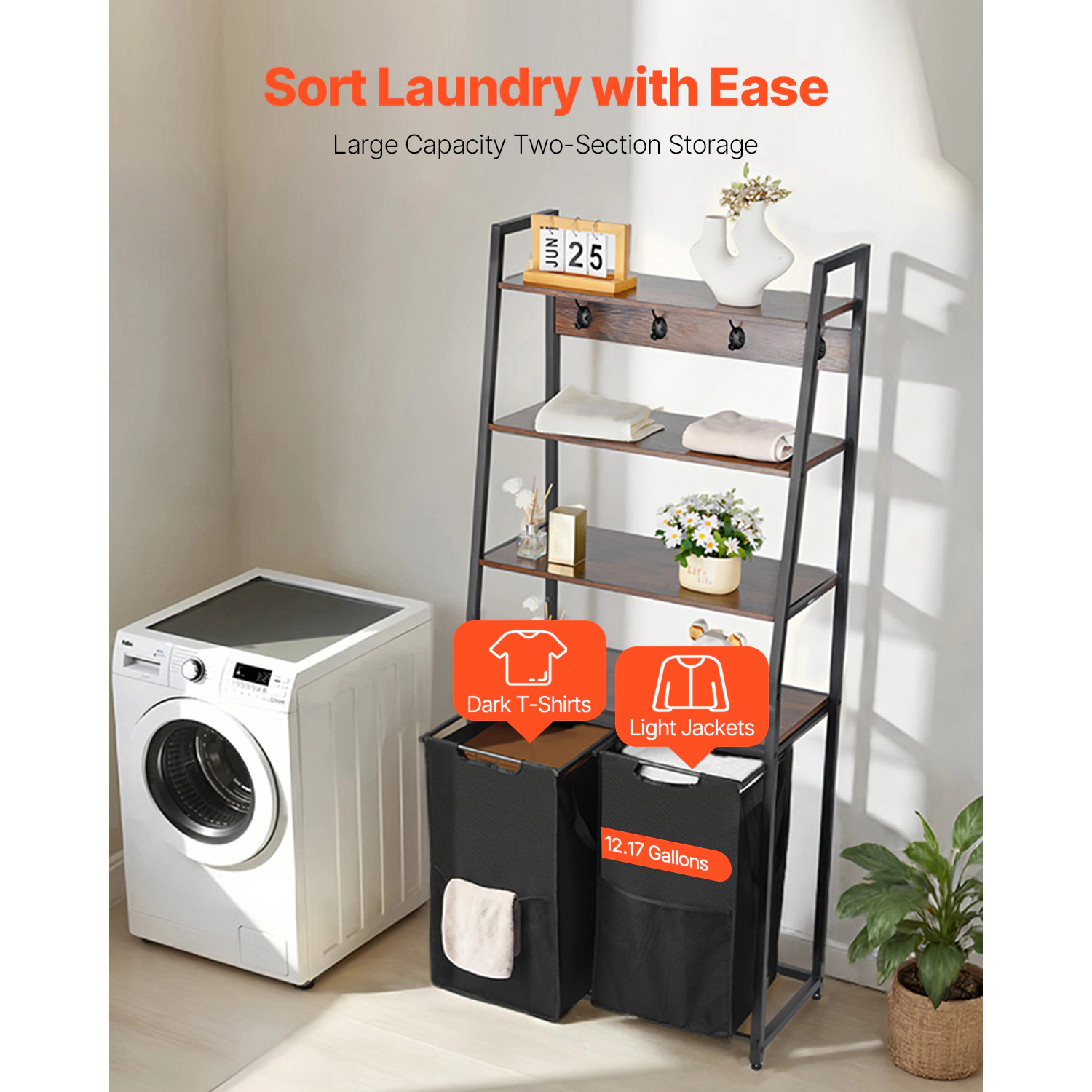 HONGGE Laundry Sorter Large Laundry Hamper with Metal Frame and Wooden Tabletop Freestanding Storage Organizer Baskets