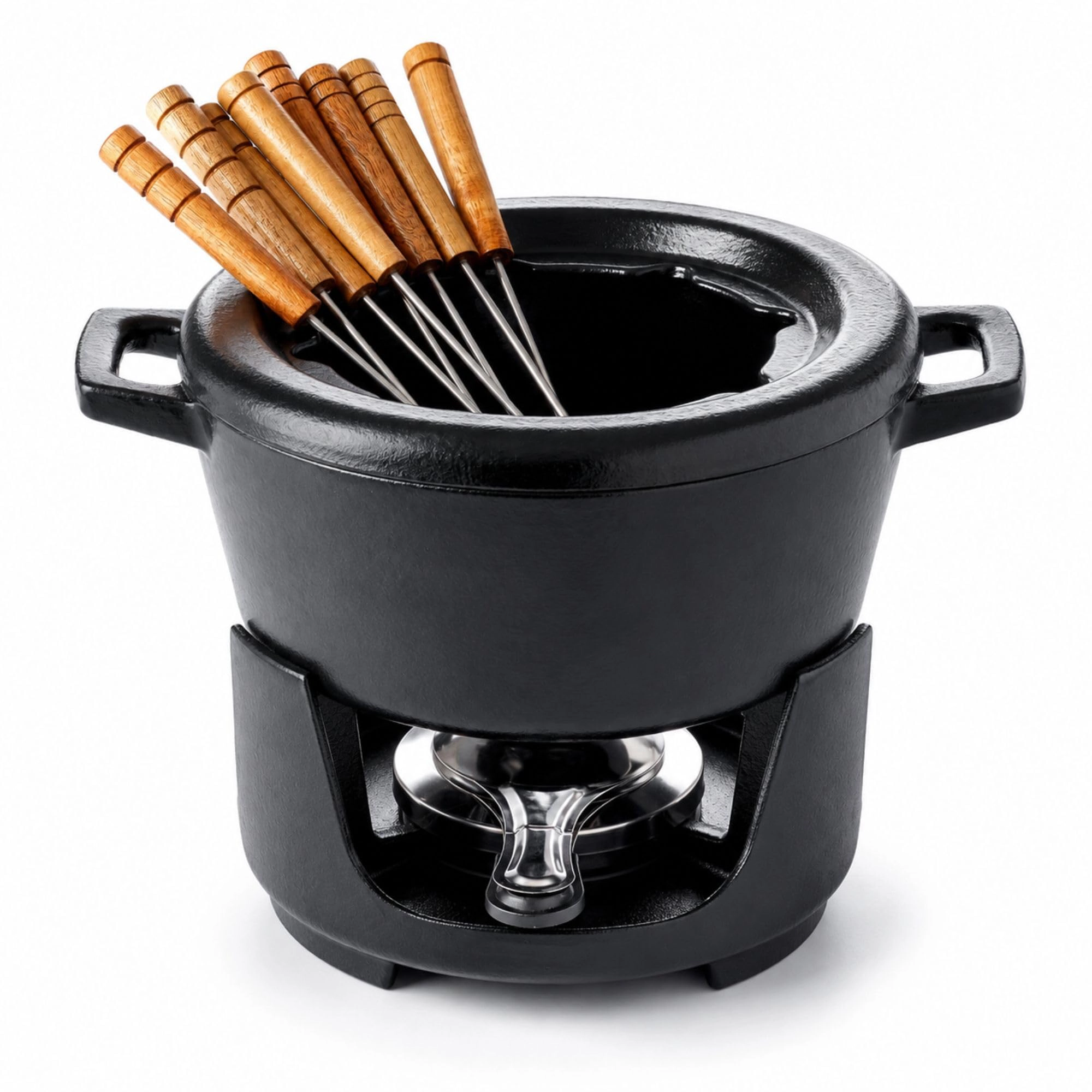 Alva Nori 2.1-Quart Enameled Cast Iron Fondue Pot Set, 8 Forks with Acacia Handles