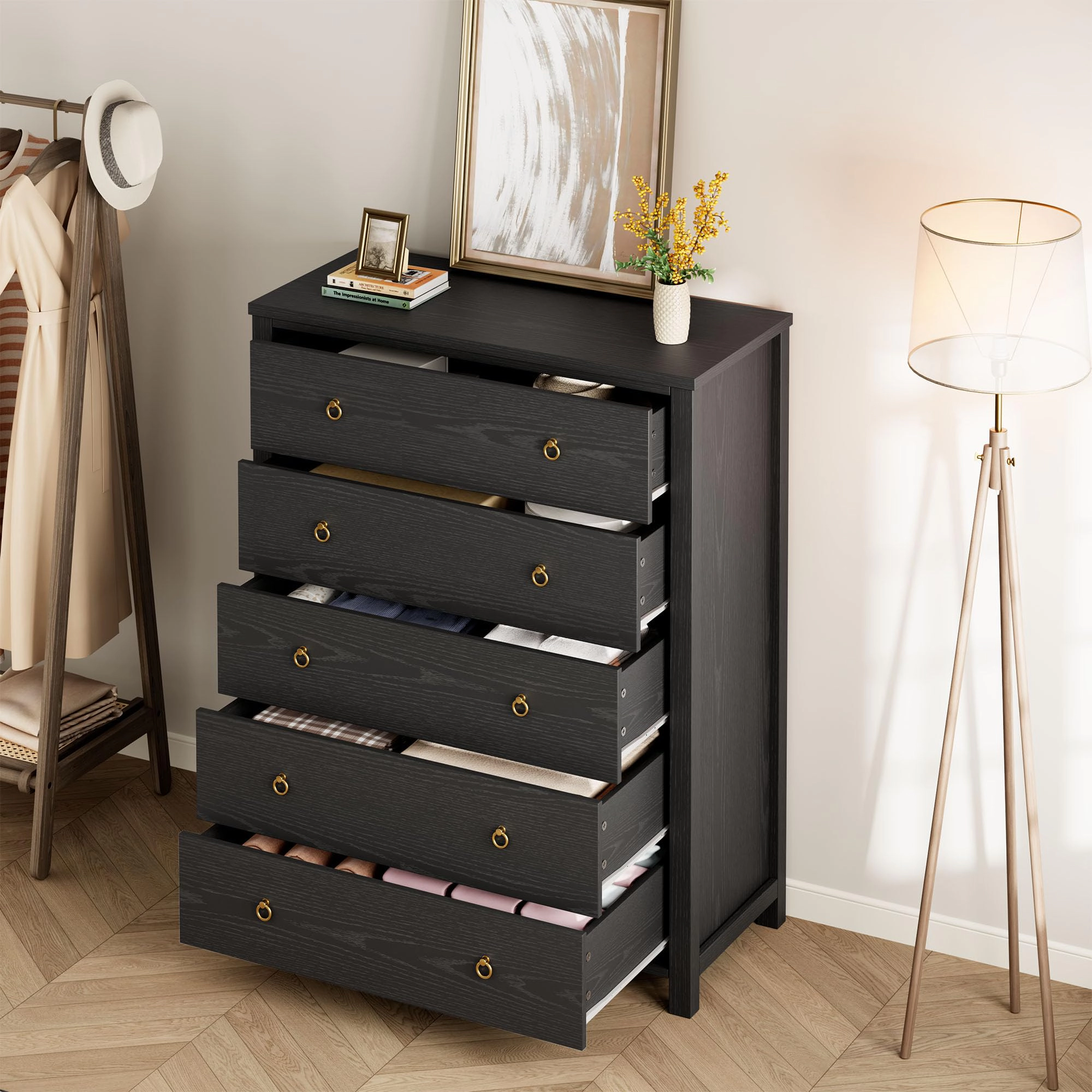 5 Drawer Modern Dresser, 45" Tall Wooden Storage Cabinet & TV Stand for Bedroom Nursery Entryway