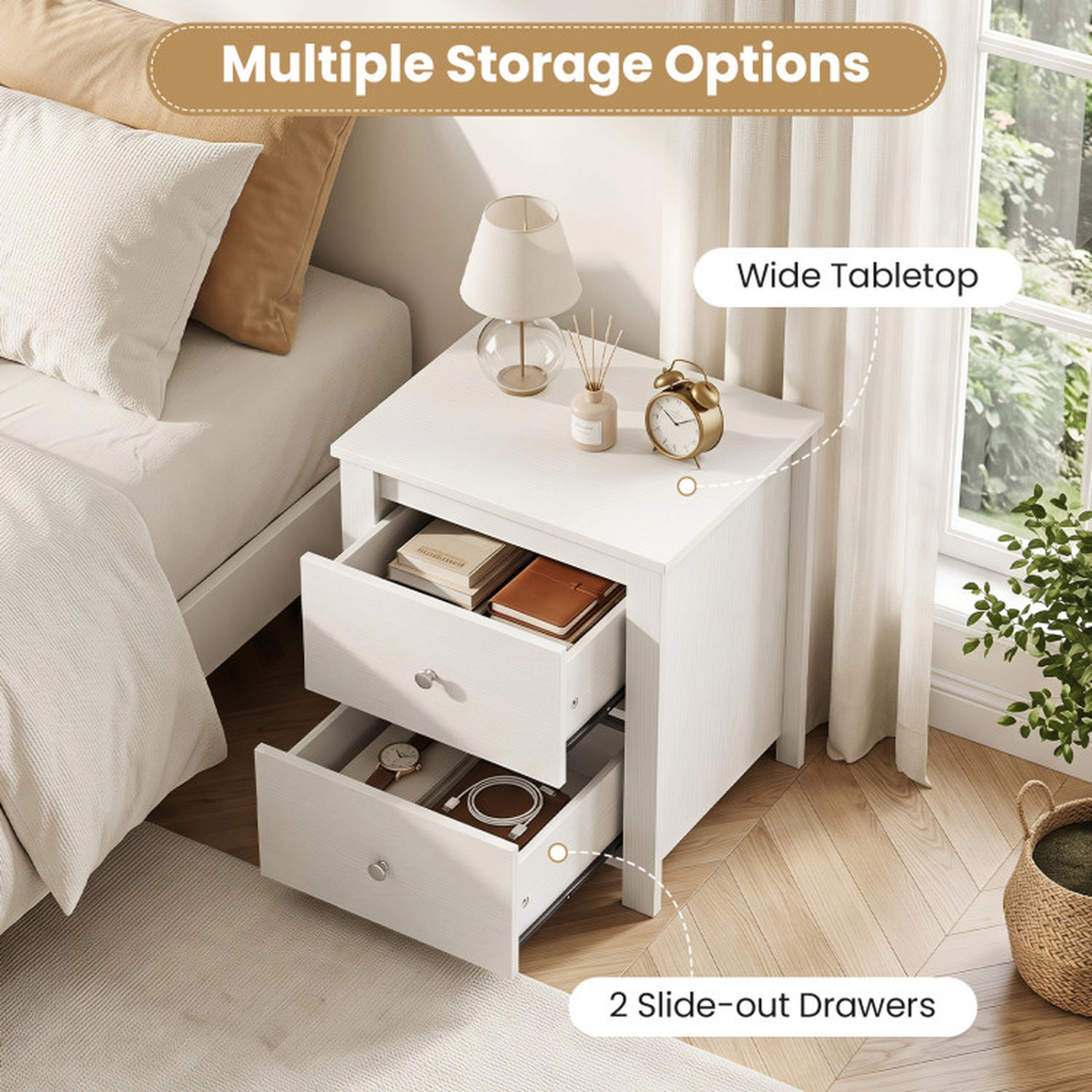 SUGIFT 2-Drawer Engineered Wood Nightstand with Storage 66-lb Tabletop Capacity 11-lb Drawer Capacity White