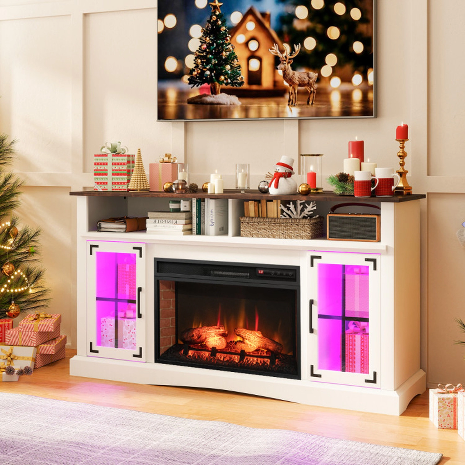 SUGIFT 1400W Electric Fireplace RGB LED Lights TV Stand 58-in x 16-in x 31.5-in 225-lb Capacity 50-in TV White