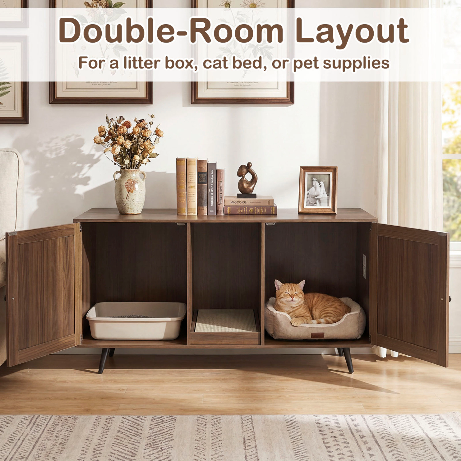 SUGIFT Double Cat Litter Box Enclosure for 2 Cats with Scratching Pad and Double Rooms 110-lb Tabletop Walnut