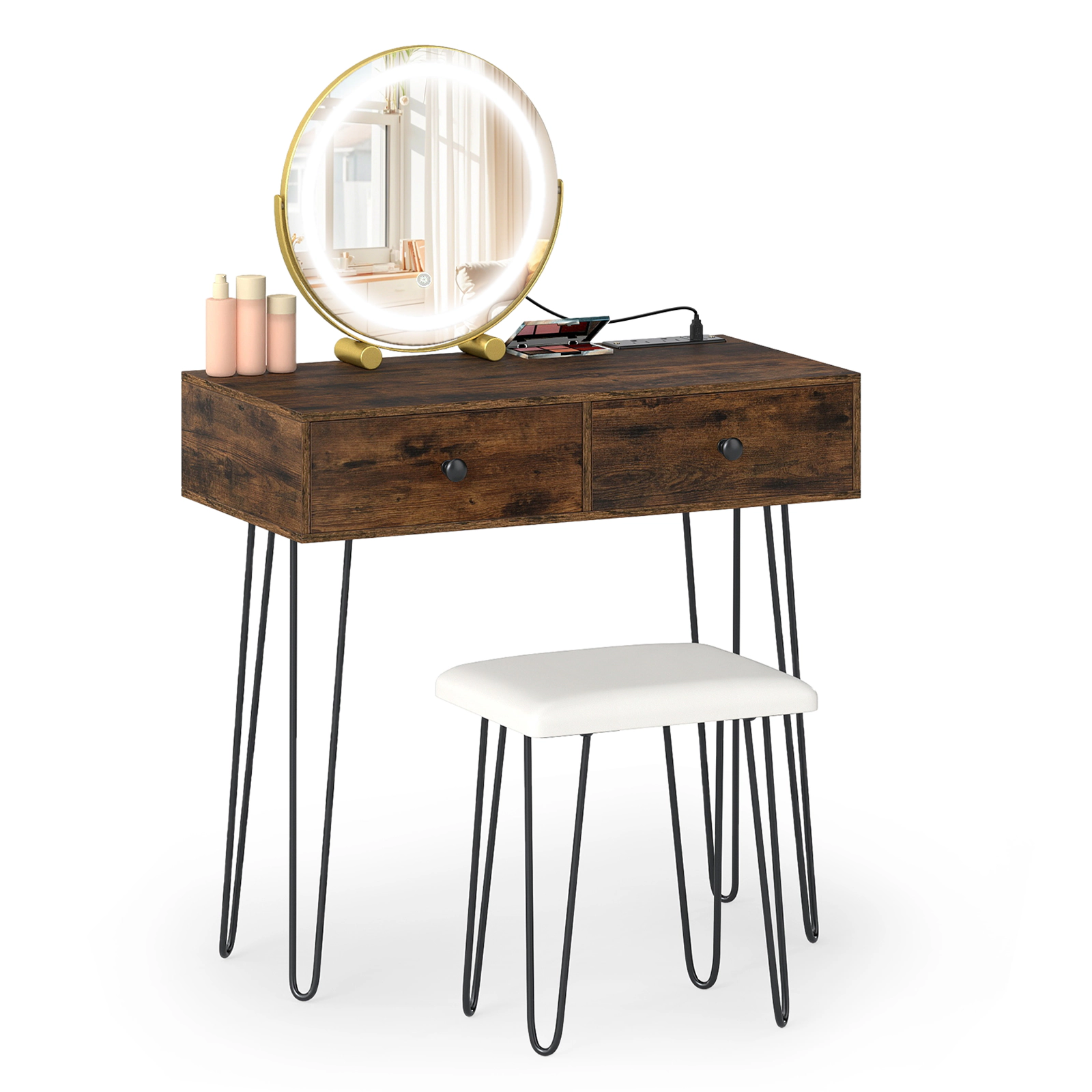 SUGIFT Rustic Brown Makeup Vanity with Lighted Mirror, Charging Strip, 2 Drawers and Stool
