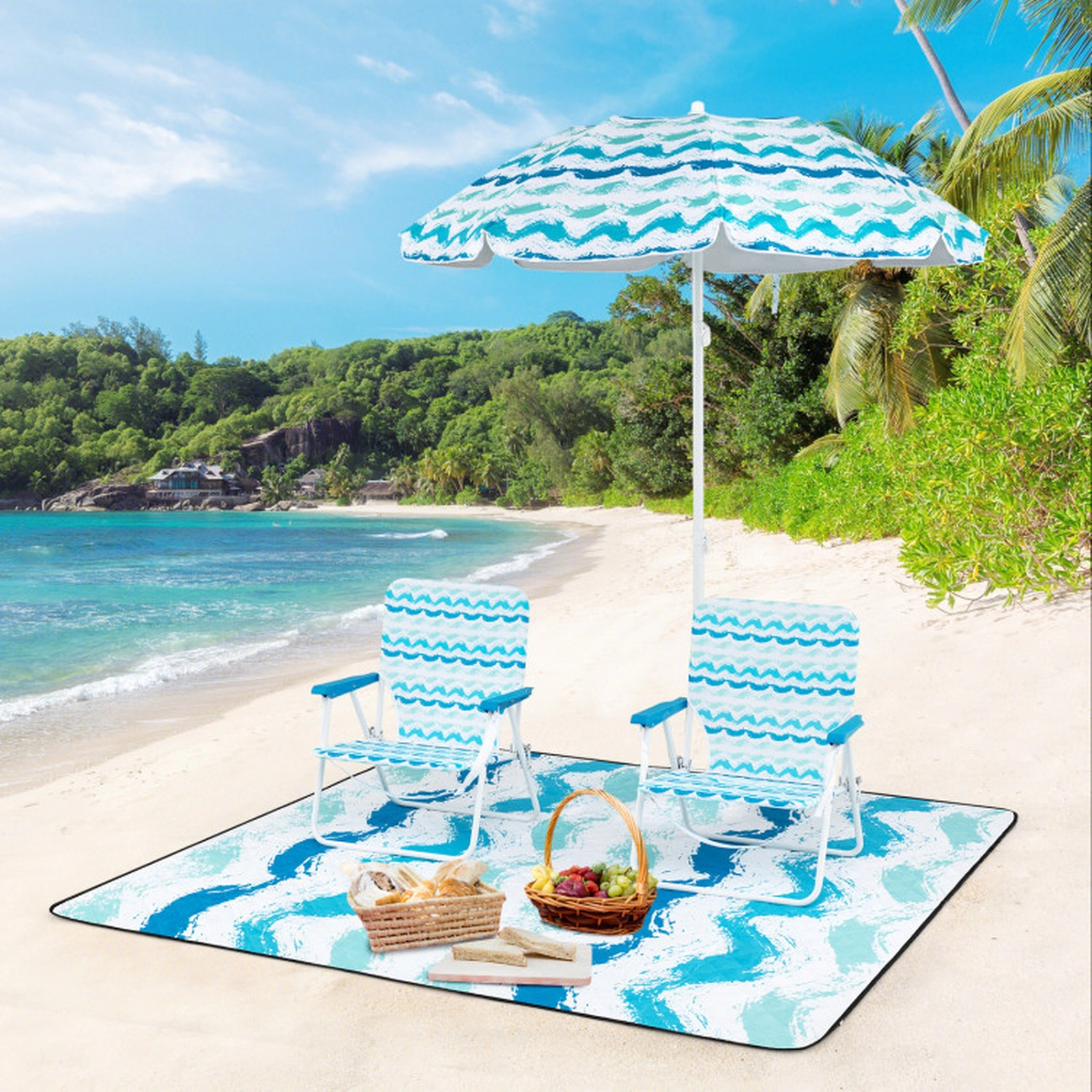 SUGIFT Blue 2 Folding Chairs and 80-in Picnic Blanket 4-Piece Beach Umbrella Set