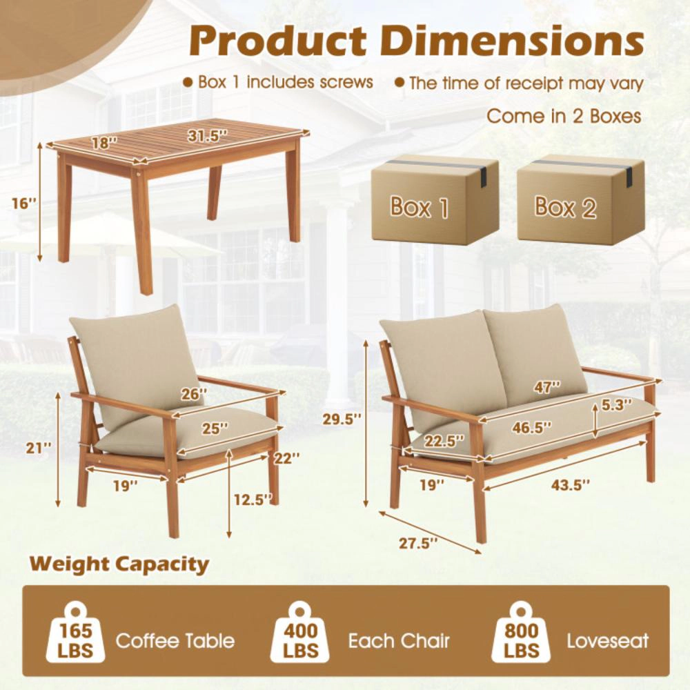 Hivvago 4 Pieces Outdoor Acacia Wood Conversation Set With Soft Cushions And Coffee Table-White