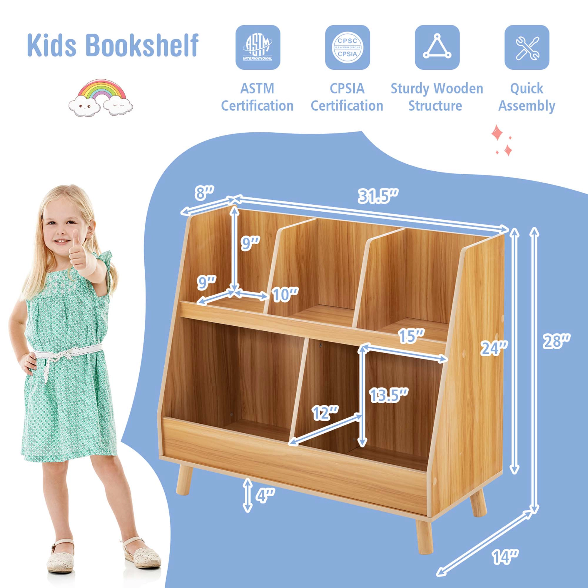 Costway 5-Cube Kids Bookshelf and Toy Organizer Storage Bookcase with Plastic Legs White