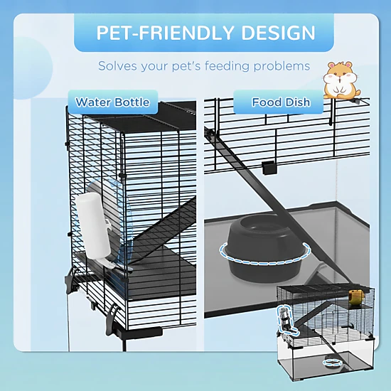 HONGGE Hamster Cage Gerbil Cage with Glass Basin for Small Hamsters Black