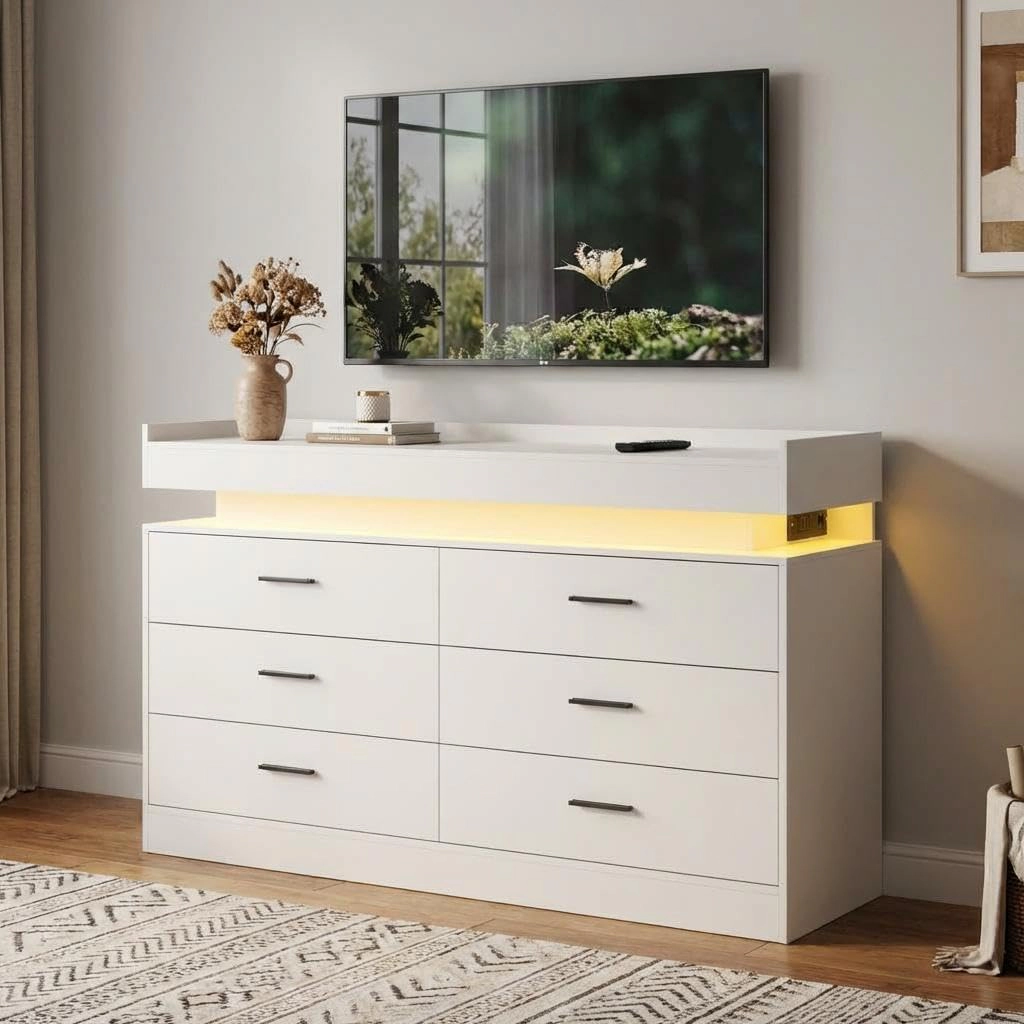 Modern TV Stand Dresser with LED Lights & Charging Station, Floating Top Sideboard Cabinet 6 Drawers