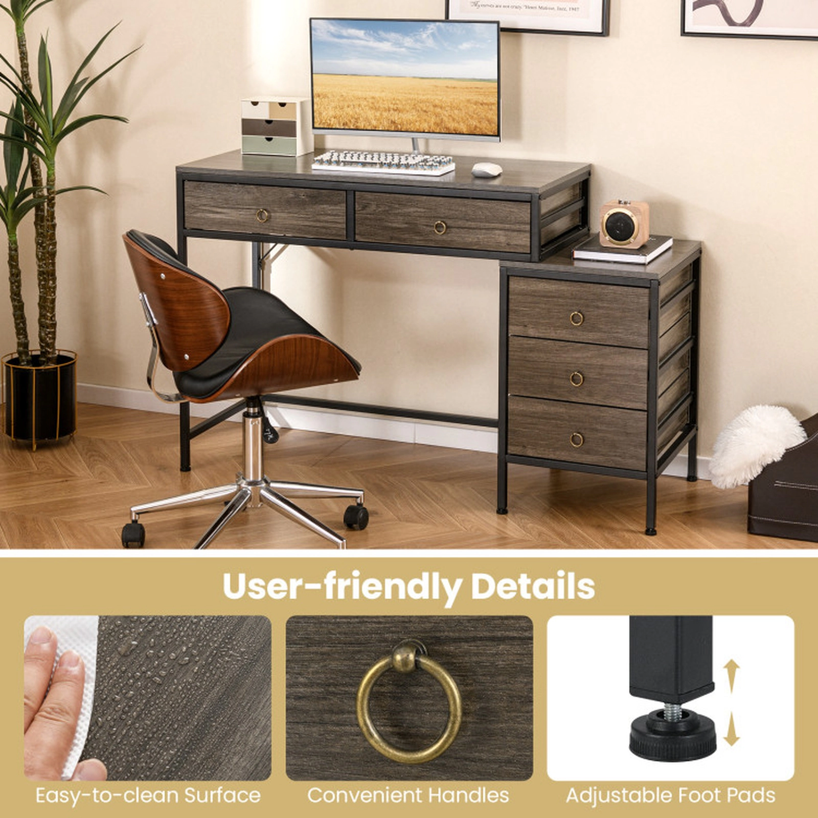 SUGIFT 51-in Computer Desk with 5 Drawers and Side File Cabinet 380-lb Capacity Home Office Desk Gray & Black