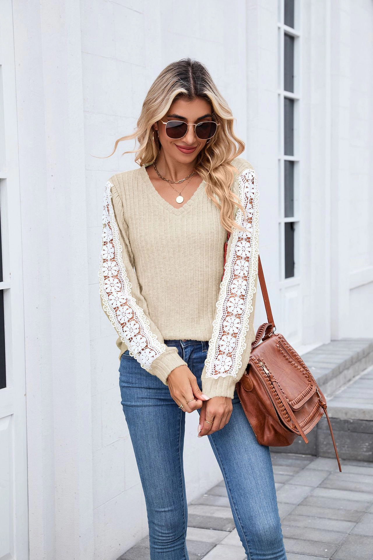 Enchanted Funland Womens V‑Neck Ribbed Knit Long Sleeve Lace Hem Casual Tops